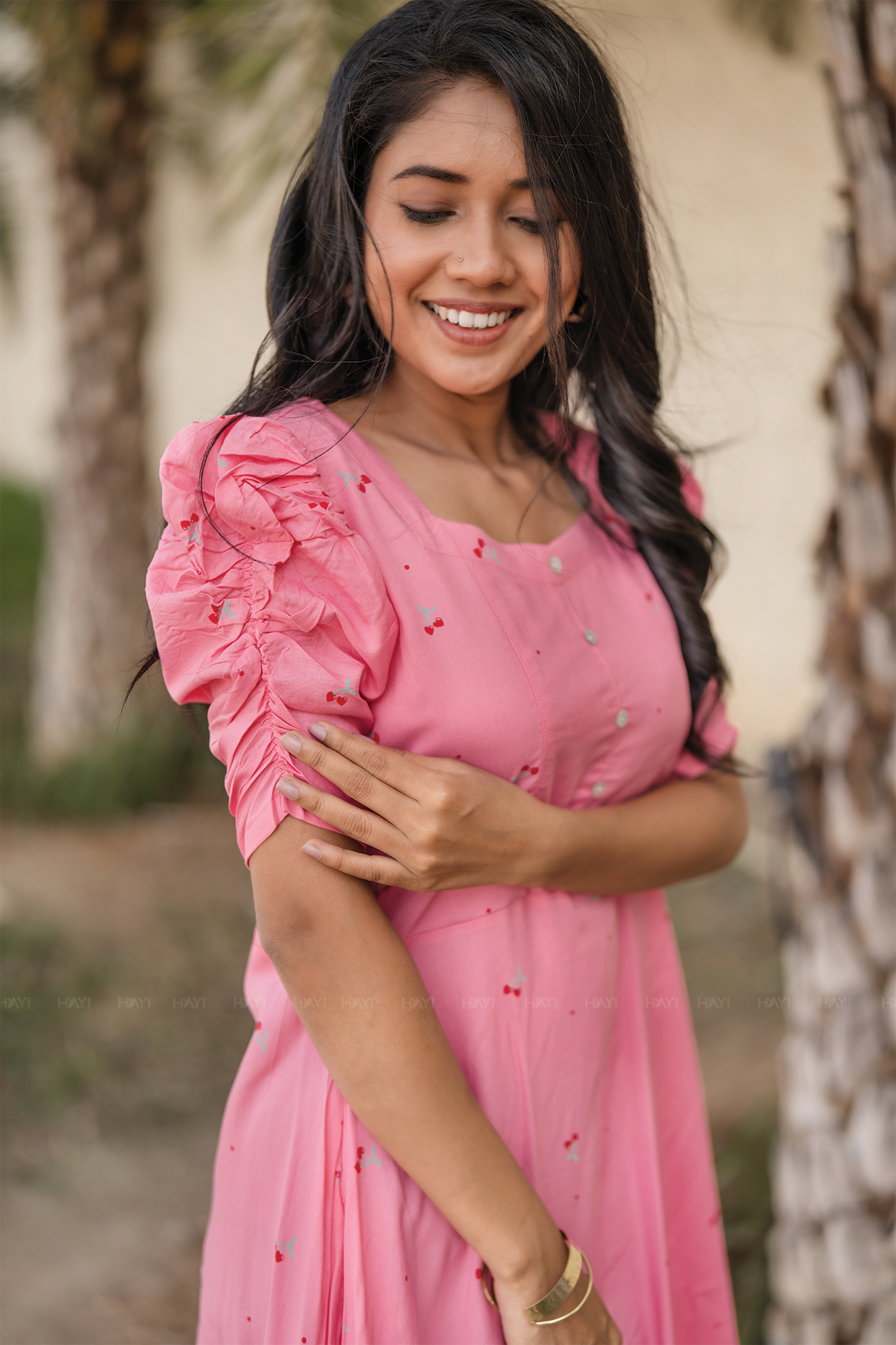 Blush Cascade Pink Viscose Dress with Sweetheart Neck & Ruched Sleeves