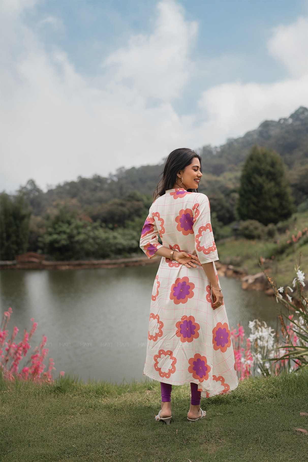 Floracheck Enchant Beige Viscose A-Line Kurta with Chinese Collar & 3/4th Sleeves