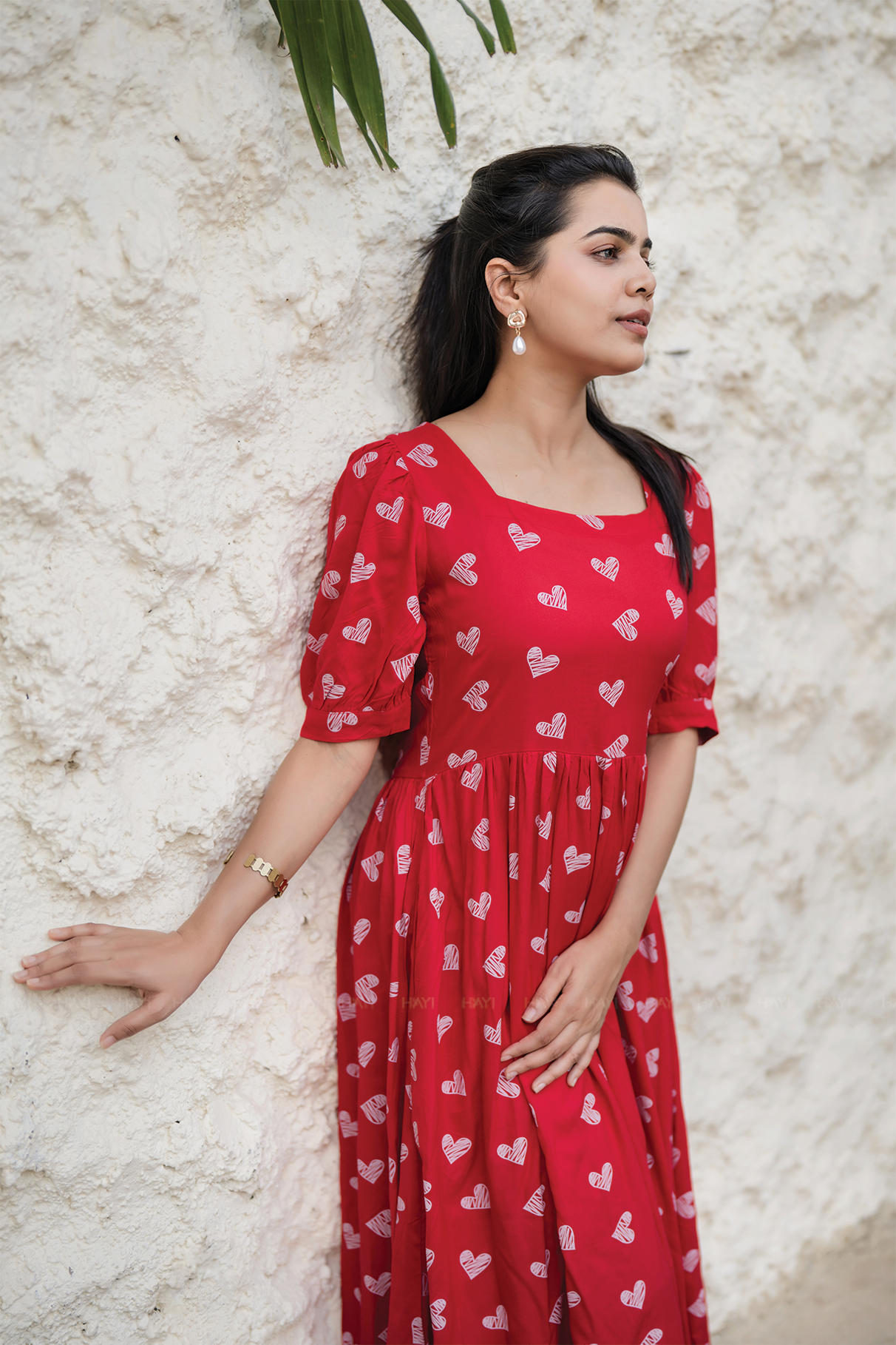 Heartspell Valentine Red Viscose Dress with Square Neck & Puff Sleeves with Cuff