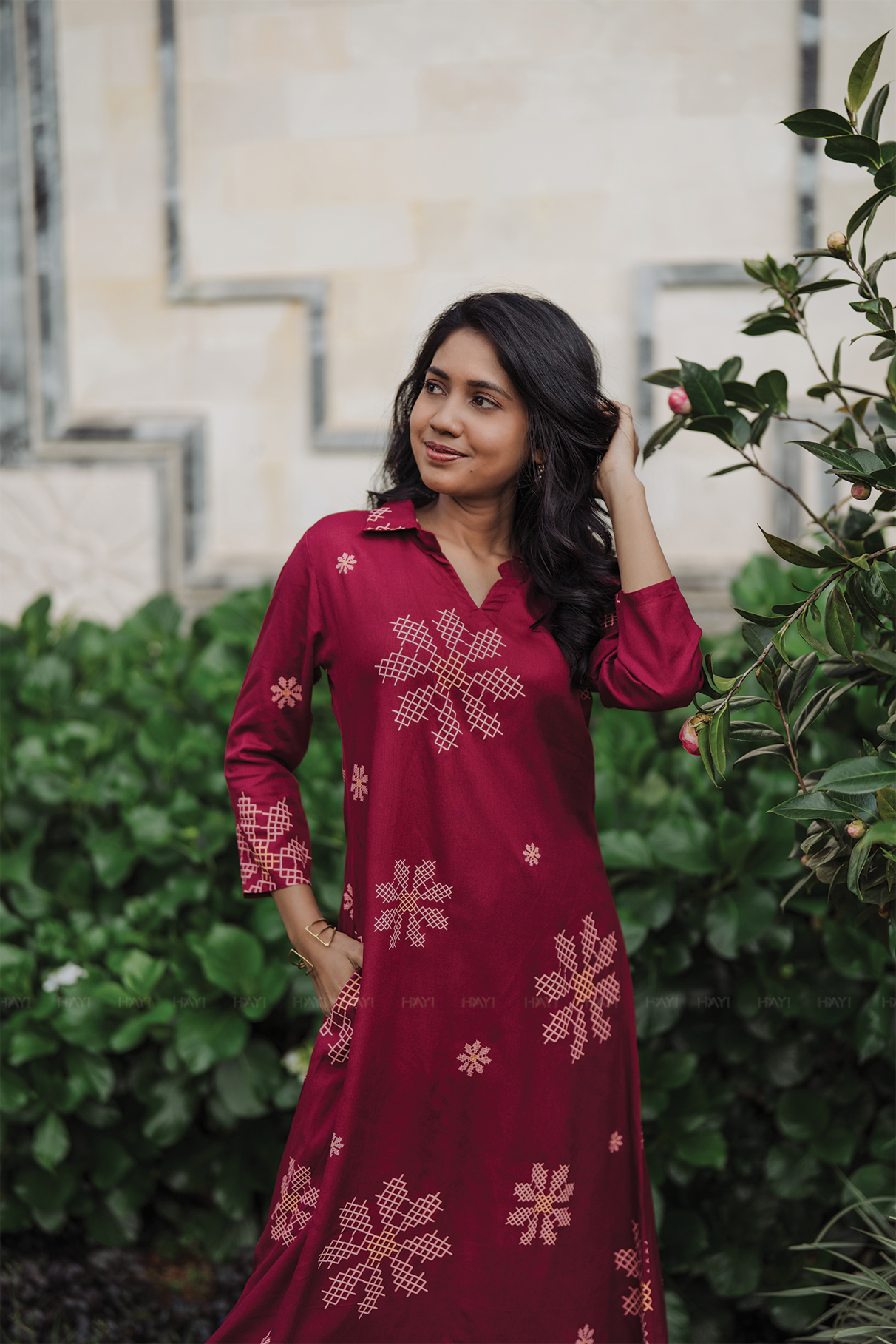 Maroon Mosaic Viscose Co-ord with Shirt Collar & 3/4th Sleeves