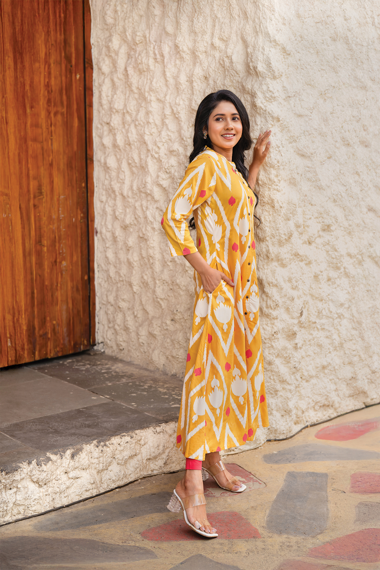 Ikat Flow Yellow Viscose A-Line Kurta with Chinese Collar & 3/4th Sleeves