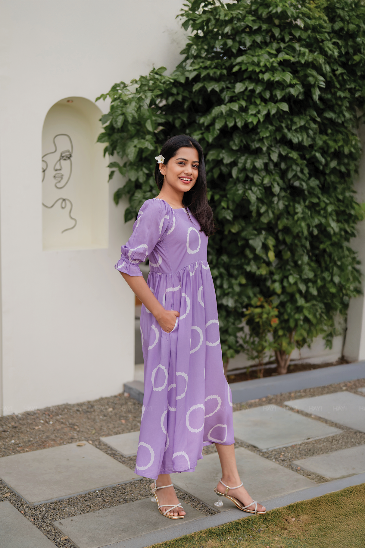 Lavender Ring Viscose Dress with Square Neckline & Puff Sleeve