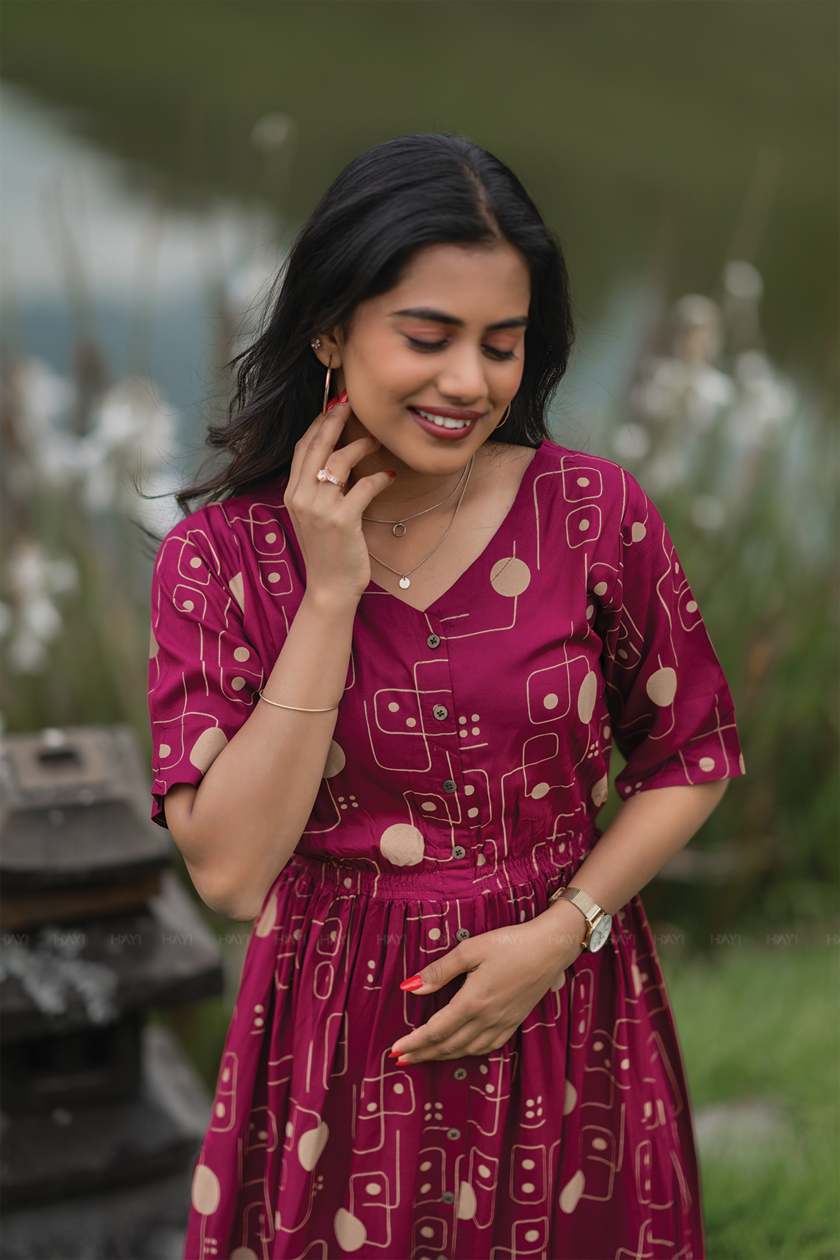 MatrixElegance Maroon Viscose with V-Neck & Flared Elbow Sleeves