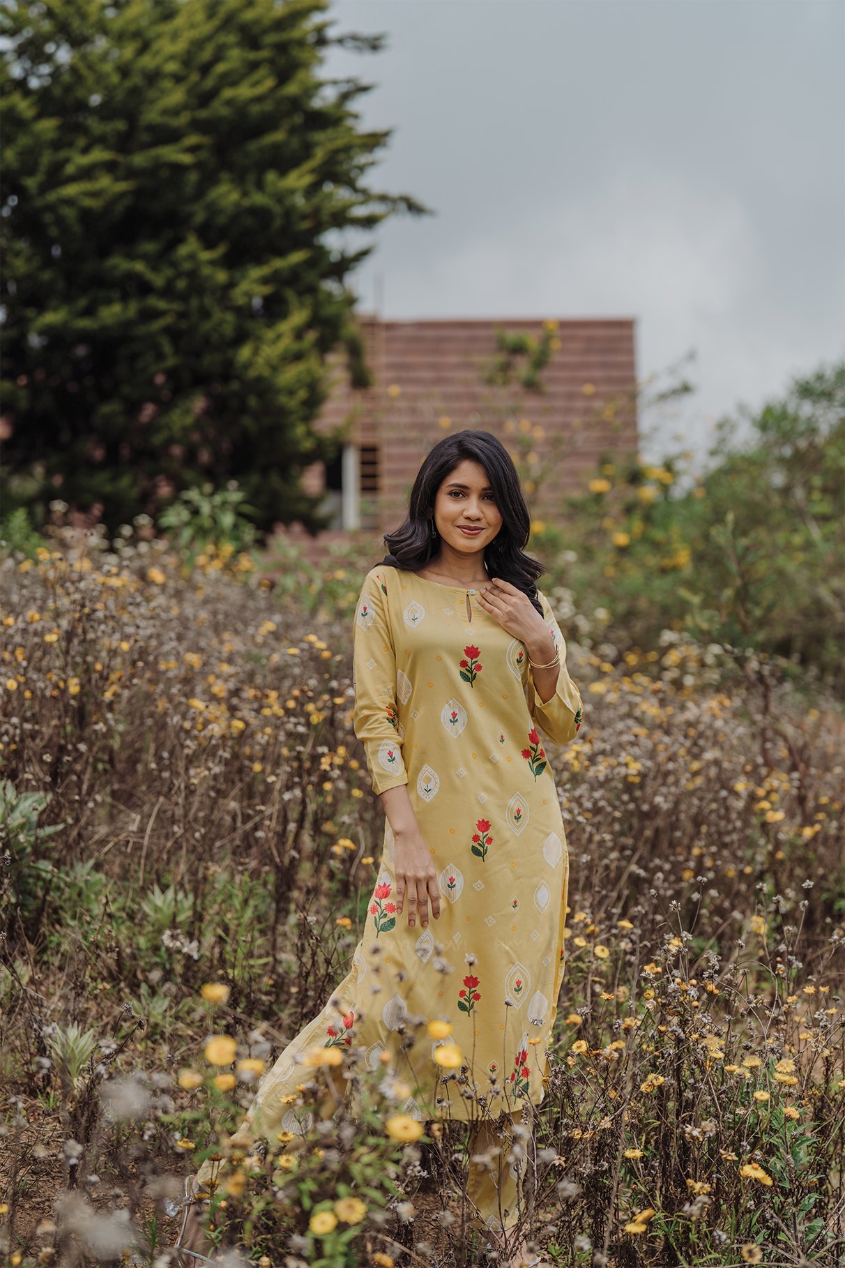 Lumea Bloom Yellow Viscose Co-ord with Boat Neck & 3/4th Sleeves