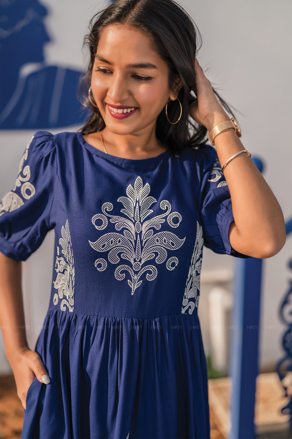 Ornate Panel Blue Viscose Dress with Boat Neck & Puff Sleeves