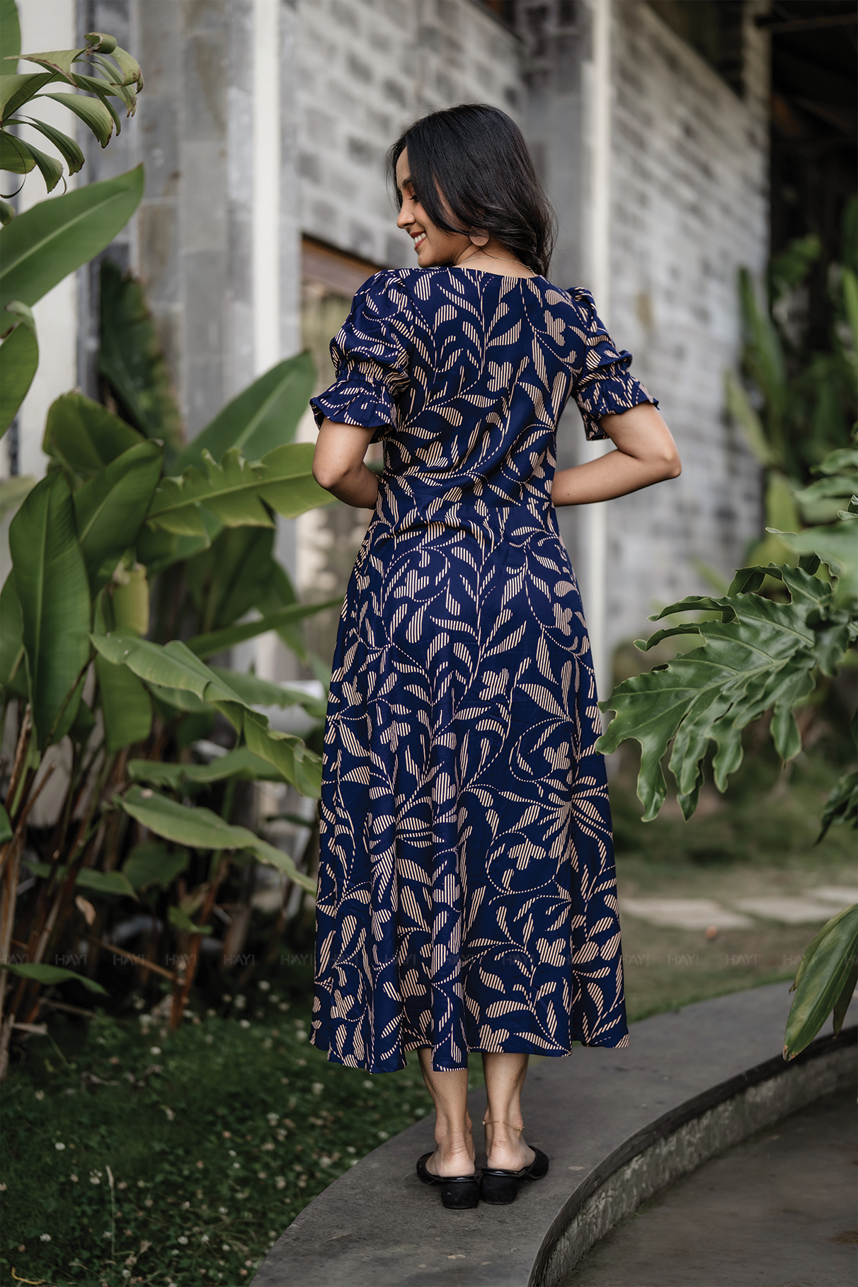 Navy Flowstroke Viscose Printed Aura dress