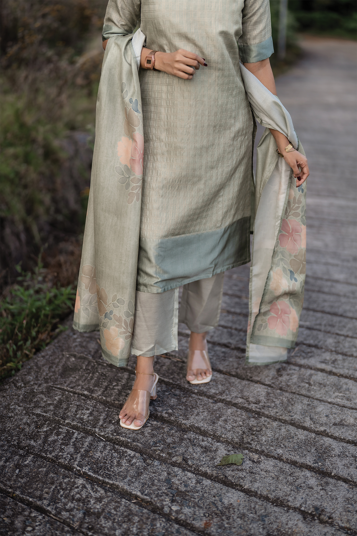 Olive Green 3 Piece Tussar Silk Printed Kurta Set with Dupatta