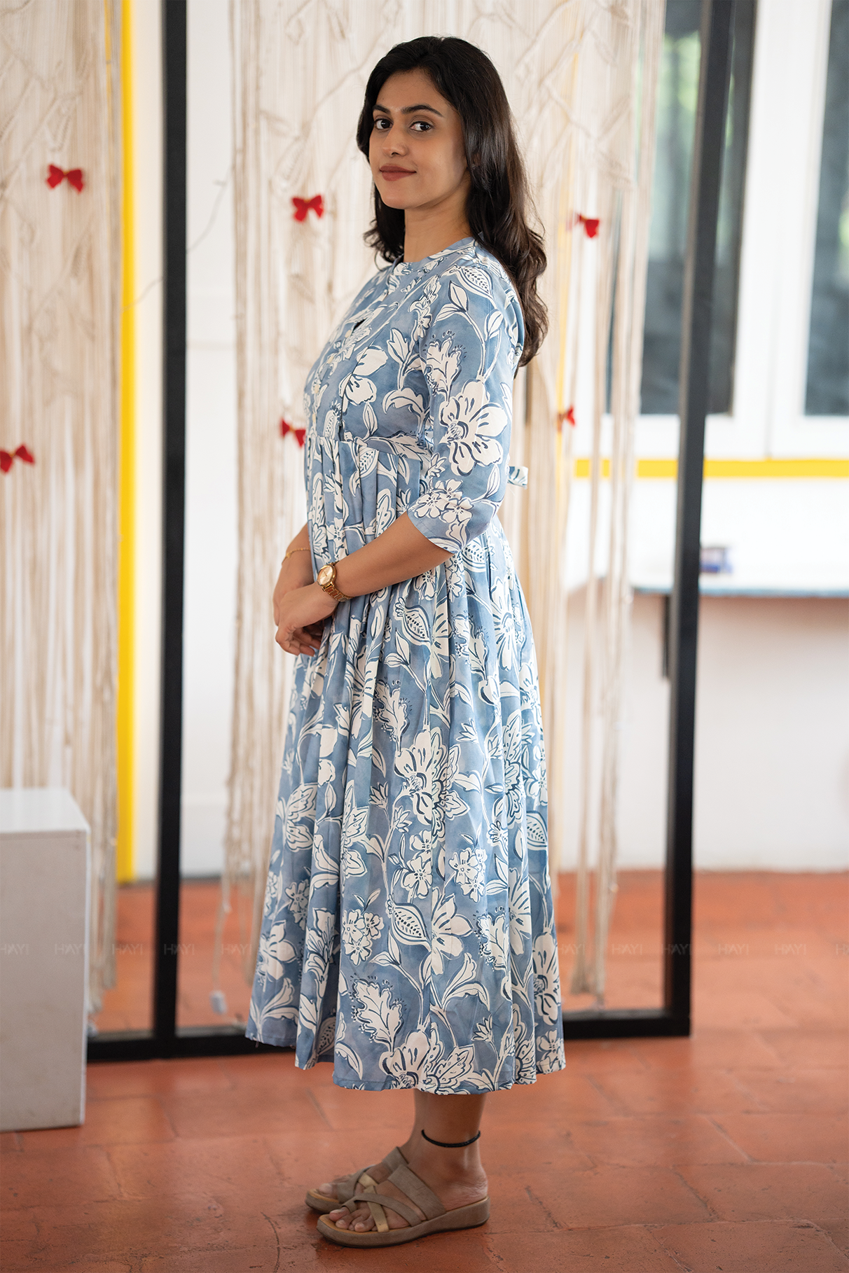 Classic Delight Blue Printed Maternity and Feeding Dress