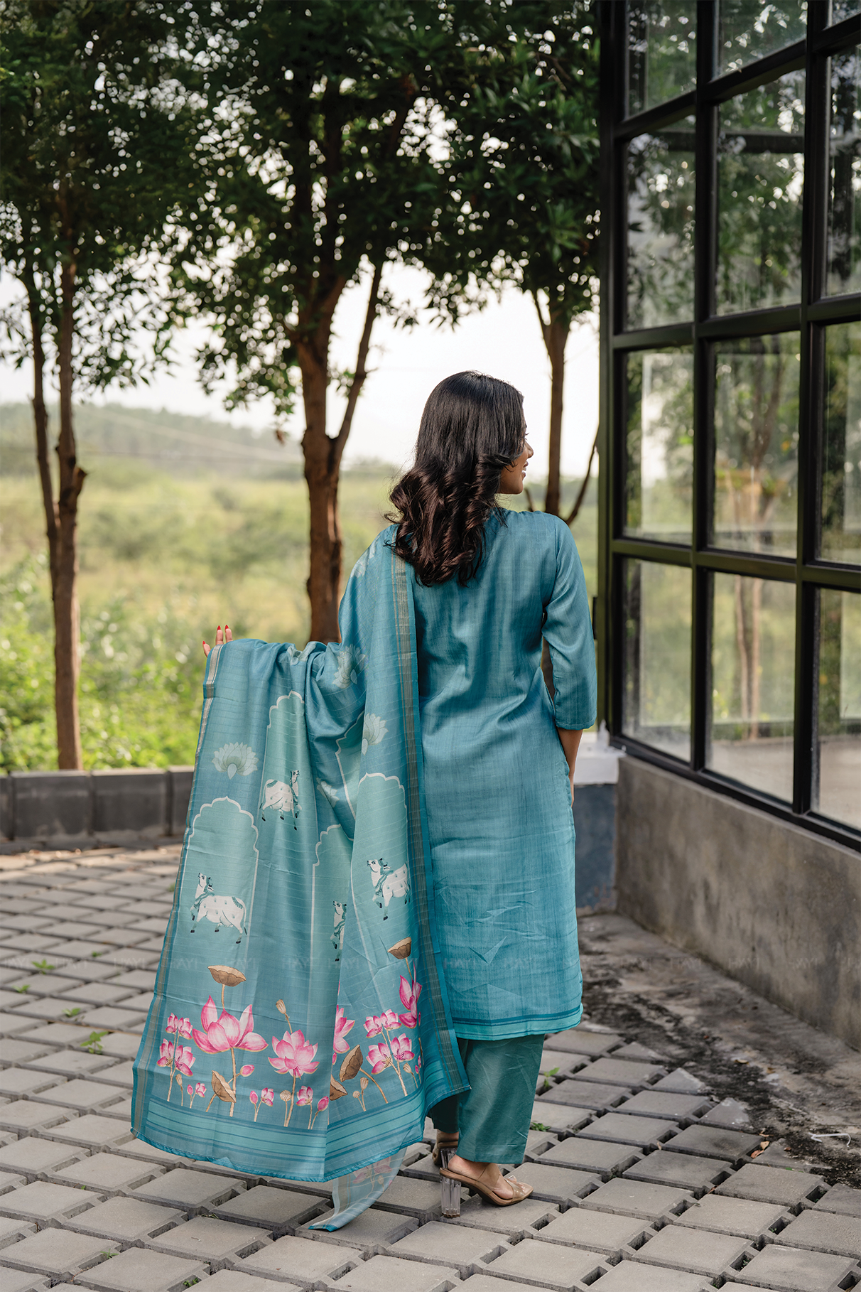 Lotus Charm Blue 3 Piece Tussar Silk Blend Printed Kurta with Pant & Dupatta