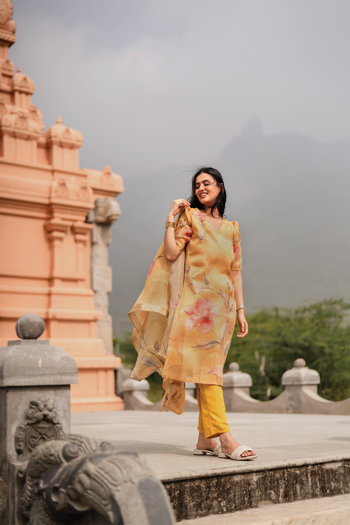 Floral Silkshine Yellow 3 Piece Shimmer Tissue Blend Floral Placement Printed Kurta with Pant & Dupatta