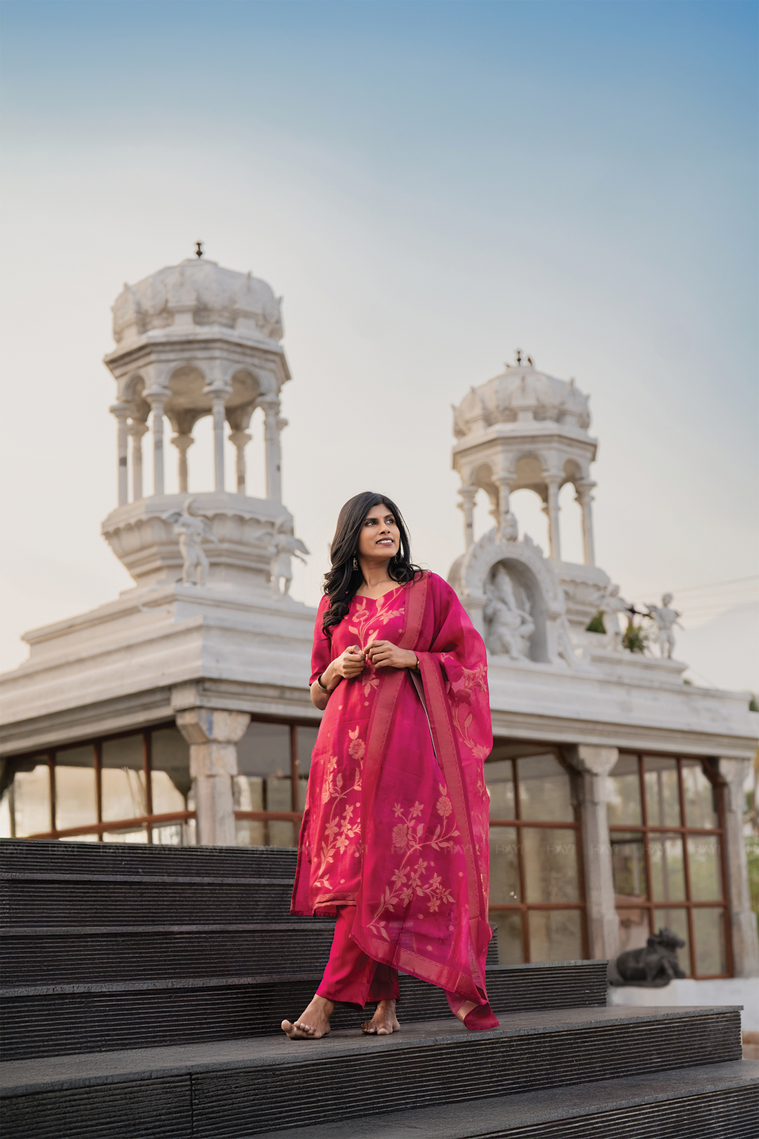 Rosewood Reddish Pink 3 Piece Jacquard Silk Blend Floral Placement Printed Kurta with Pant & Dupatta