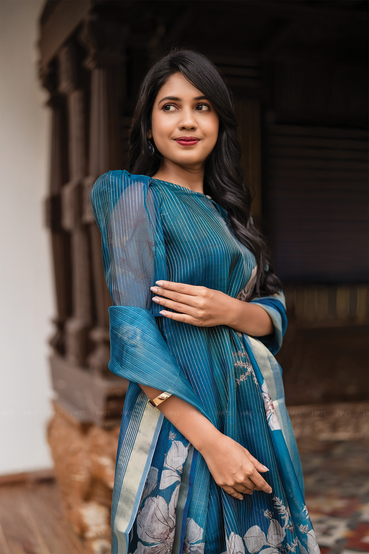 Lagoon Petals 3 Piece Peacock Blue Organza Printed Kurta with Pant & Dupatta