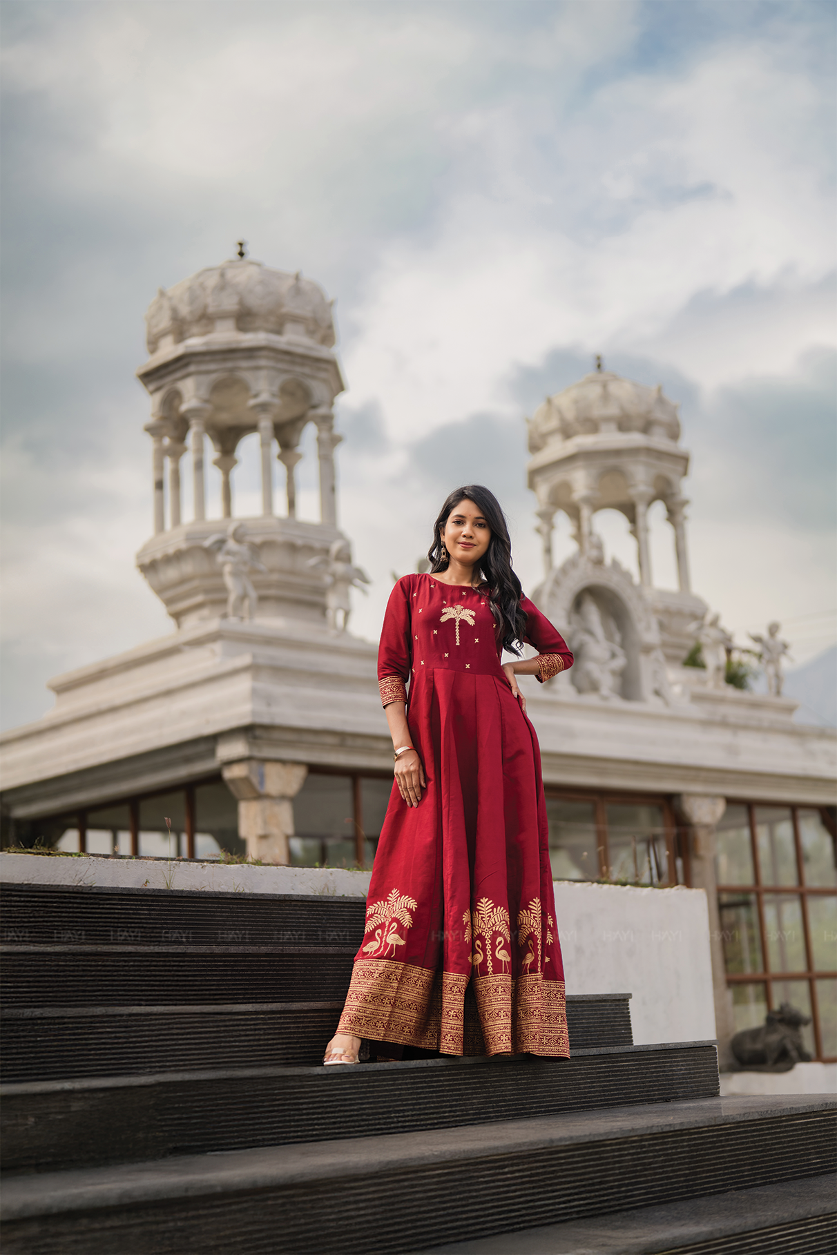 Palm Lustre Deep Red Viscose Placement Print Embroidered Anarkali with Round Neck & 3/4th Sleeves