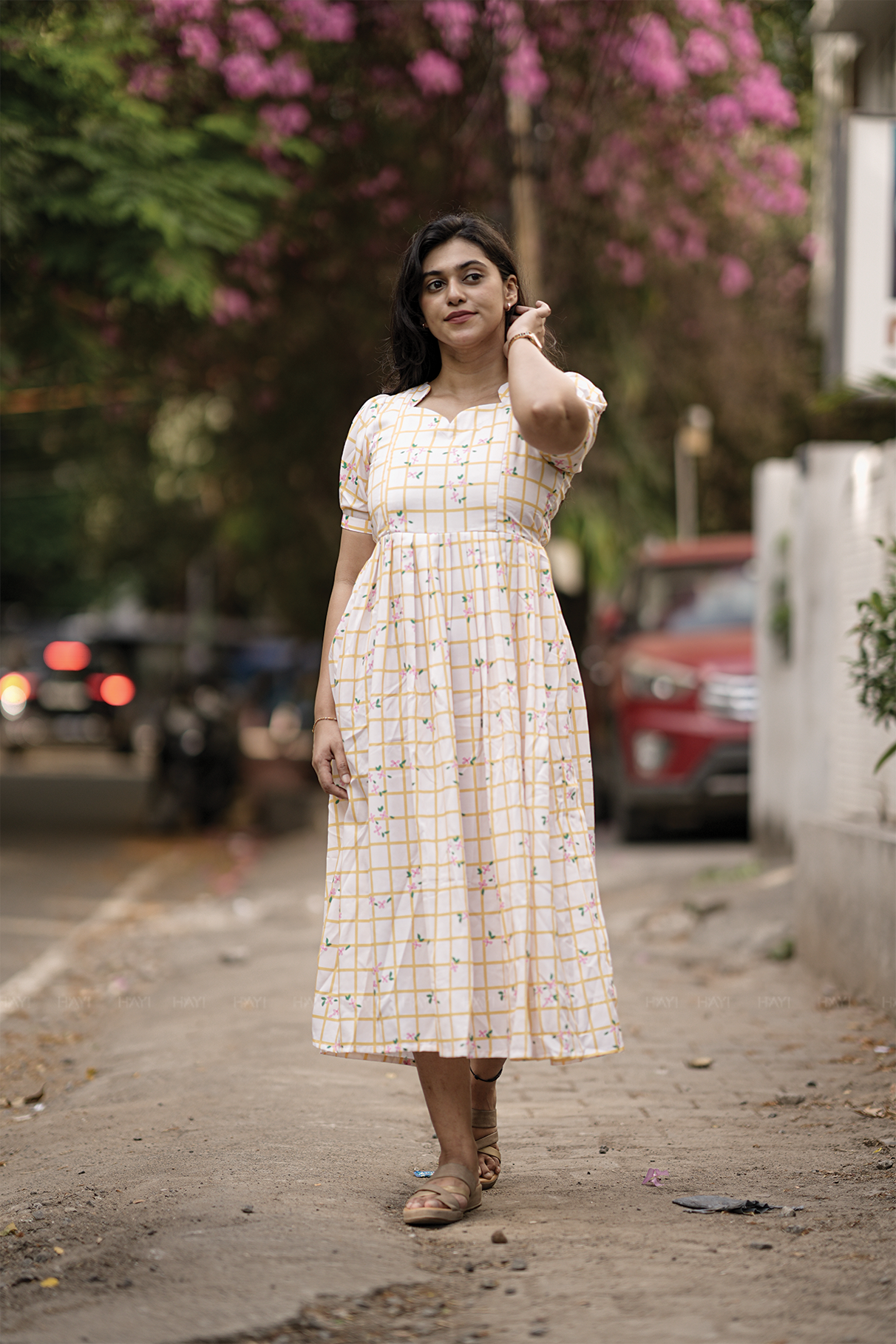 Florentia Grid Yellow Printed Maternity and Feeding maxi Dress