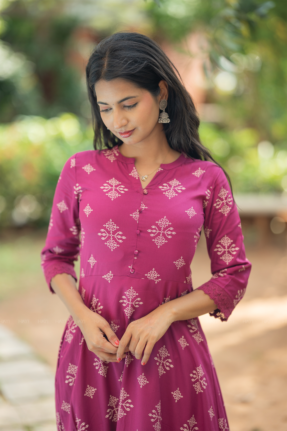 Celeste Violetta Violet Viscose Dress with Chinese Collar Neck & 3/4 Sleeves