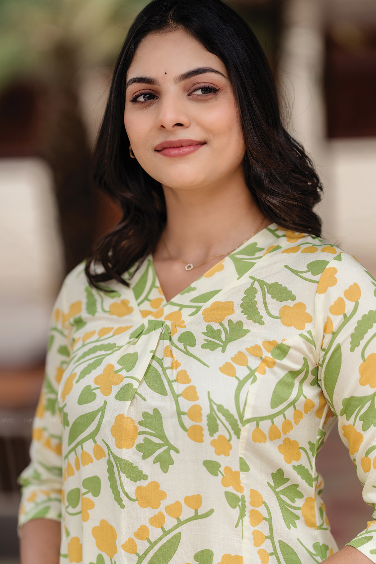 Spring Light Yellow Viscose Co-ord with V-Neckline Floral Print & 3/4th Sleeves