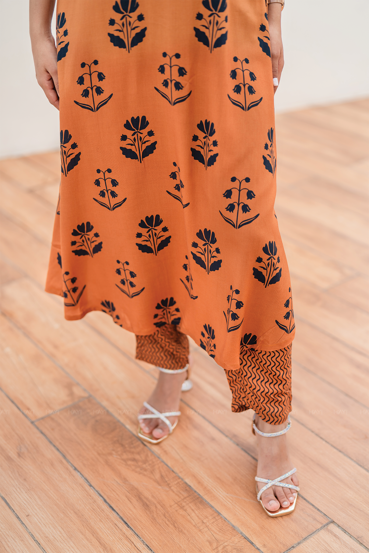 Muds Tone Orange Viscose Co-ord with Shirt Neckline & 3/4th Sleeves