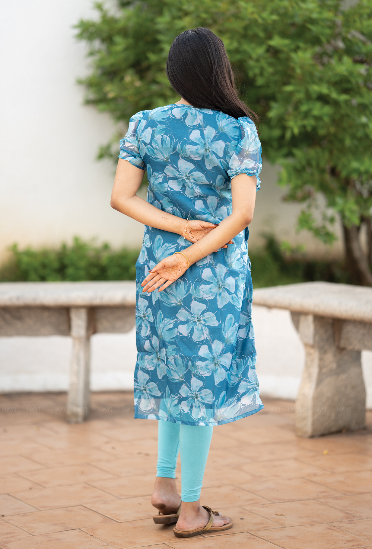 Seafoam Blue with Ocean Bloom floral Organza kurta