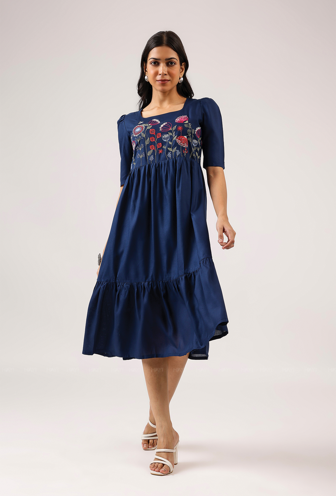 Dark Blue with Hovering Dreams floral Embroidery Viscose Dress