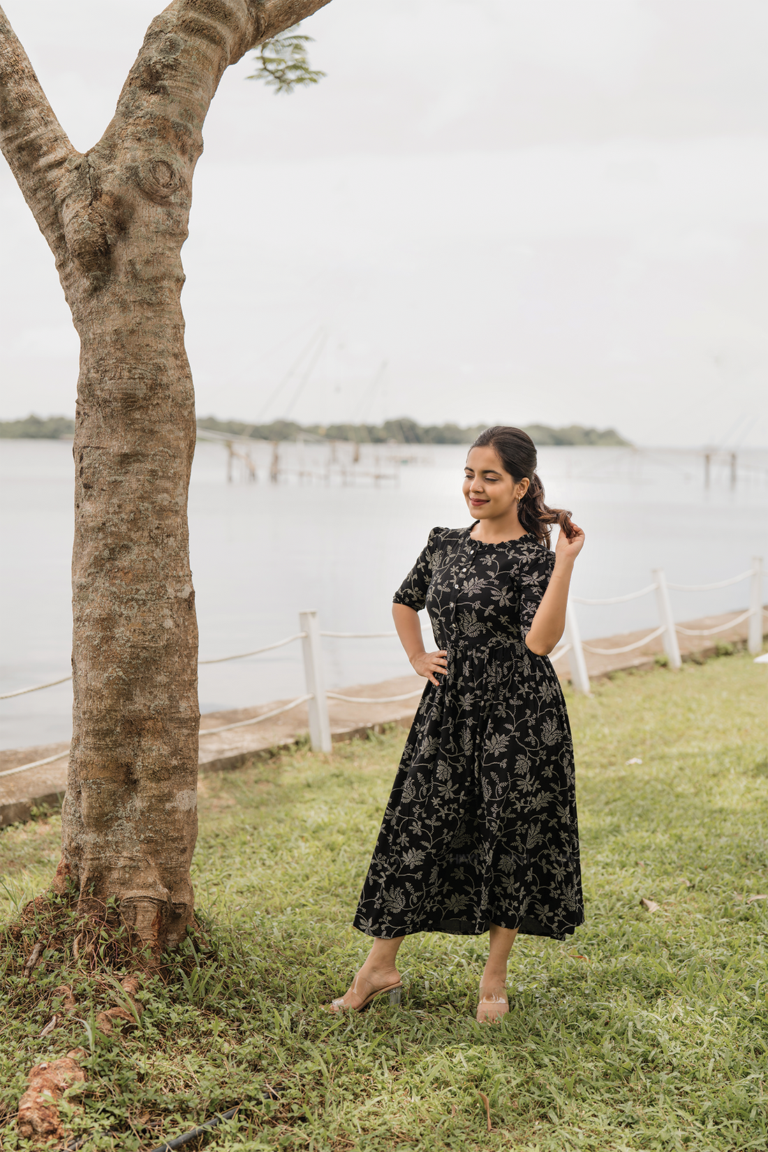 Regal Black with Molten Vines floral Printed Maternity and Feeding Viscose Dress