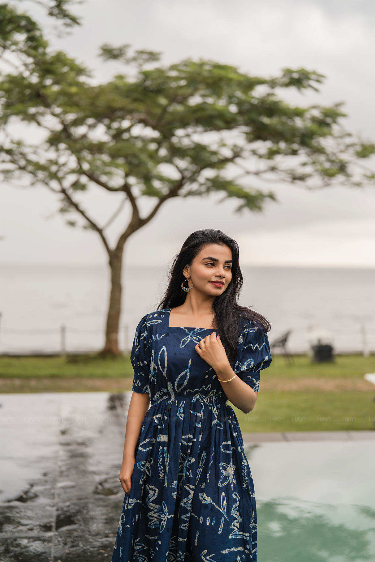 Celestial Dream Blue Cotton Dress with Rounded Square Neck