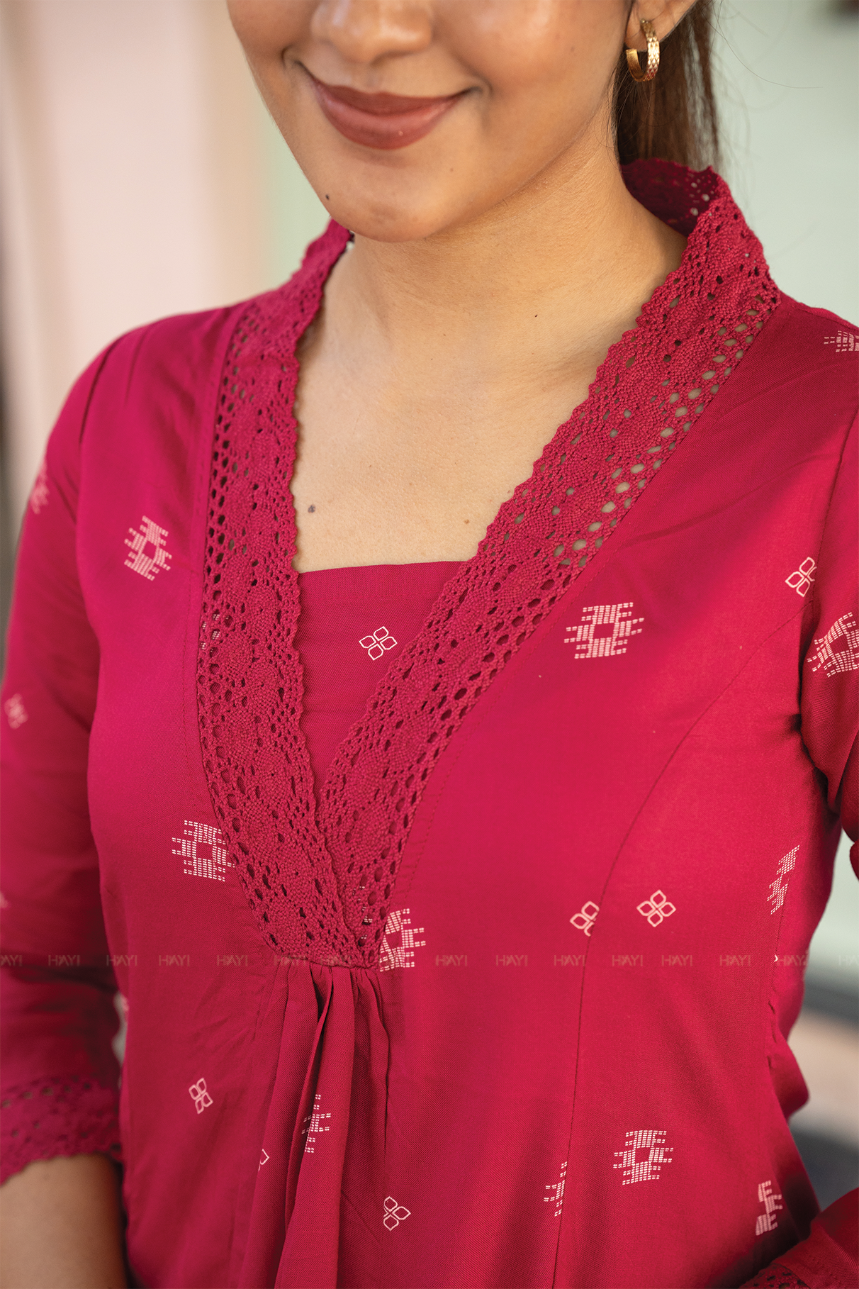 Wine Loom Majenta Viscose A-Line Kurta with V-Neck Lace & 3/4 Sleeves