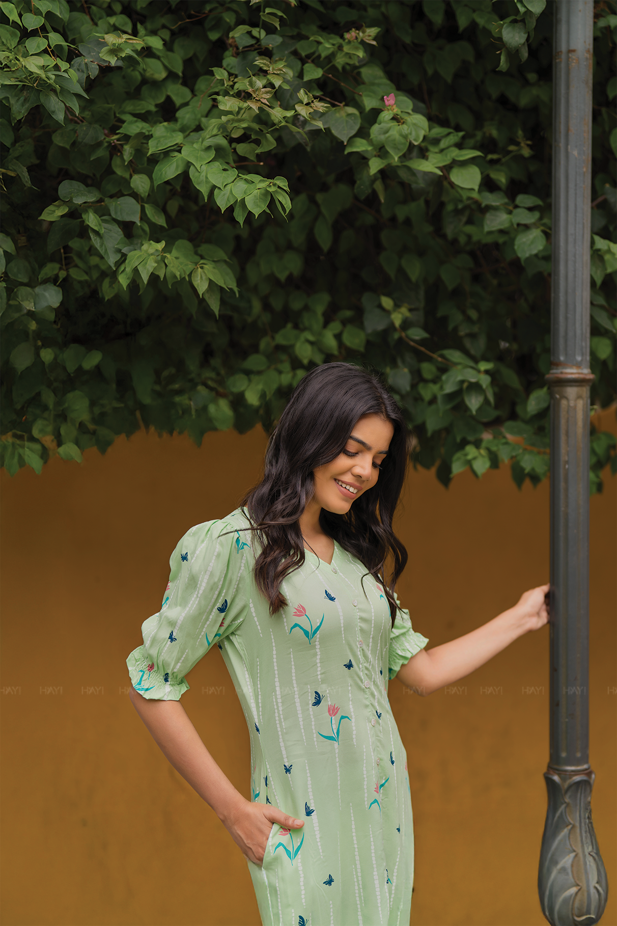 Sage Green with Mint petal printed Viscose A-line Dress