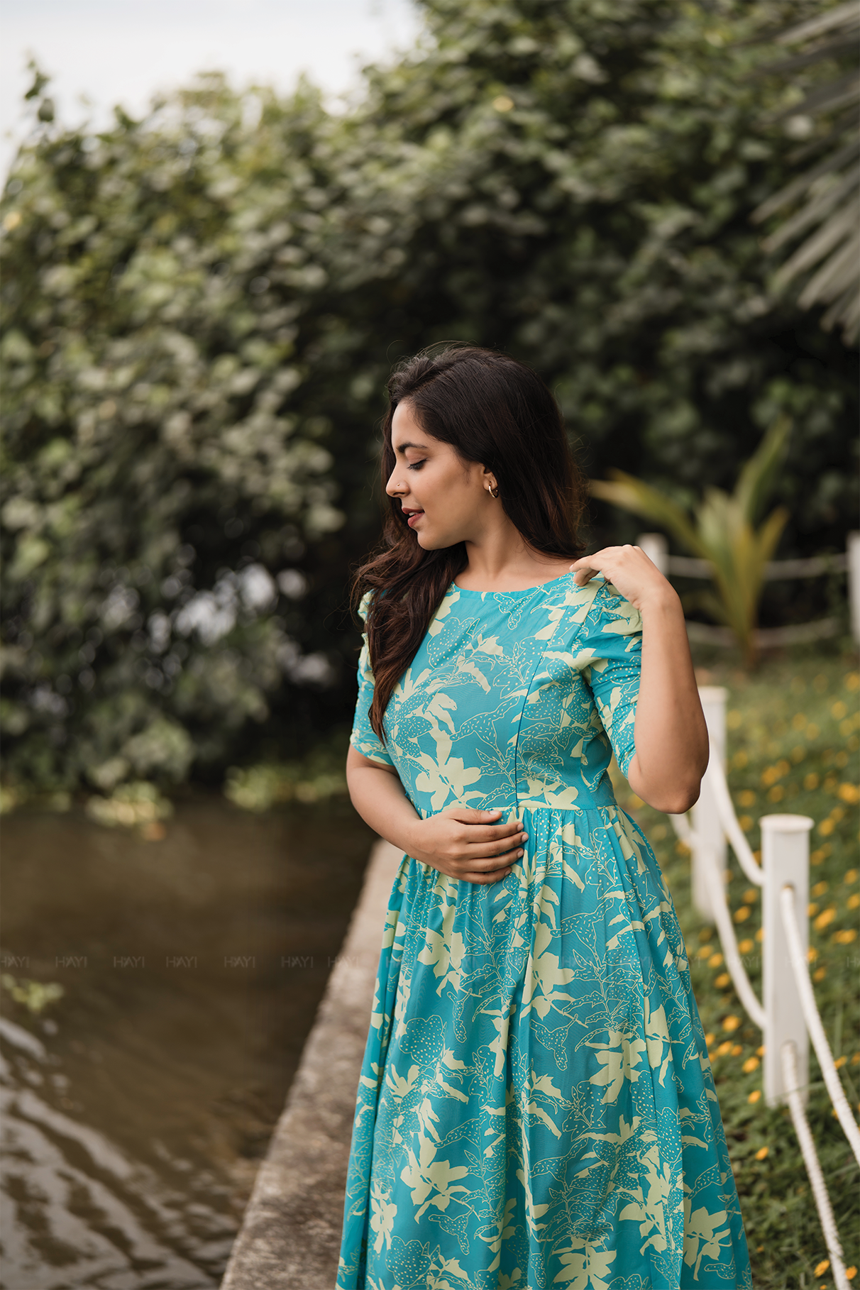 Maze Blue with Flourish Bloom floral printed Maternity and Feeding Viscose Dress
