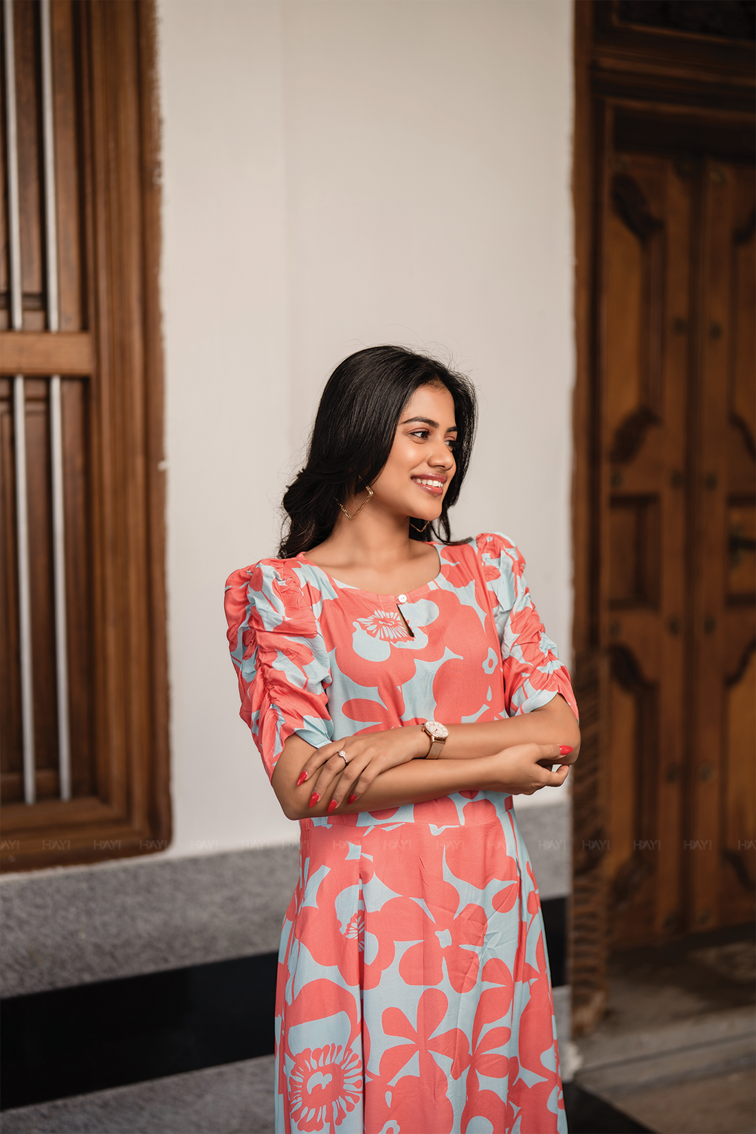 Coral Petal Blue Viscose Dress with Boat Neck & Ruched Sleeves