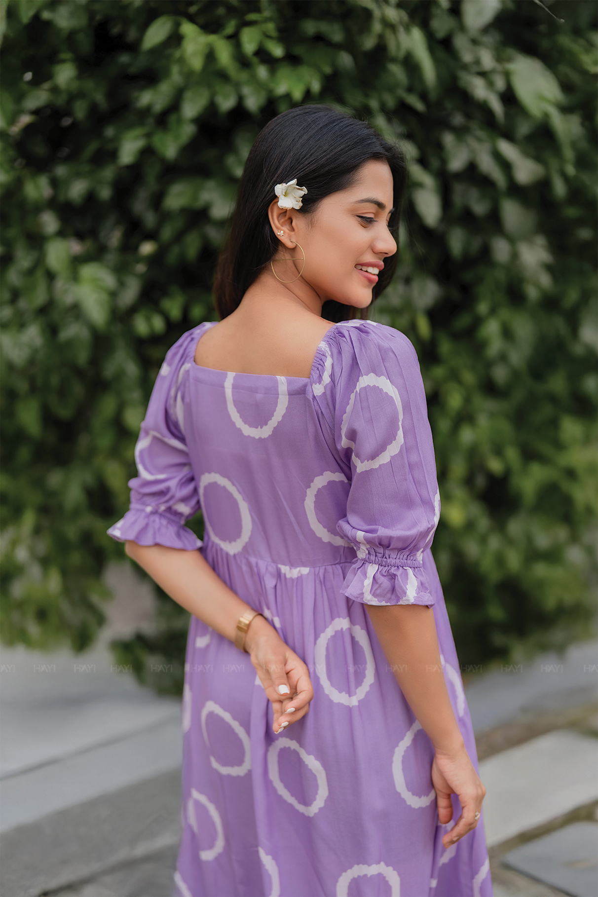 Lavender Ring Viscose Dress with Square Neckline & Puff Sleeve