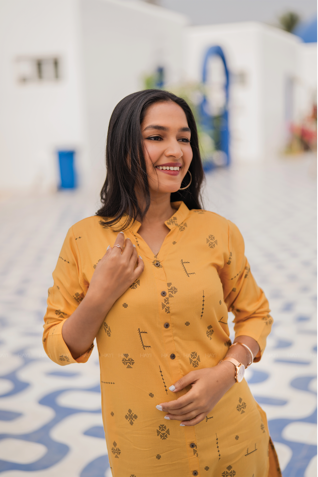 Terra Stitch Yellow Viscose Kurta with Chinese Collar & 3/4 Sleeves