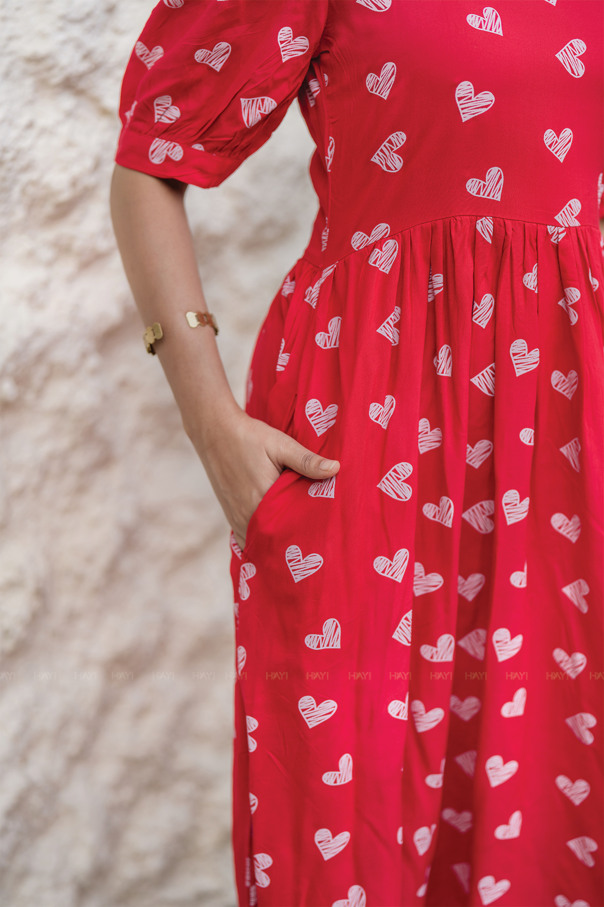 Heartspell Valentine Red Viscose Dress with Square Neck & Puff Sleeves with Cuff