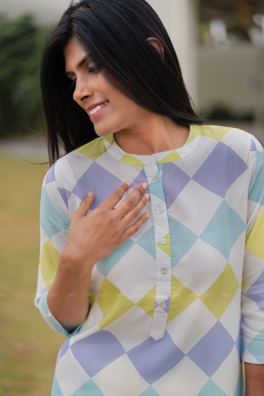 Pastel Patch Off-White Viscose Co-ord with Chinese Collar & 3/4th Sleeves