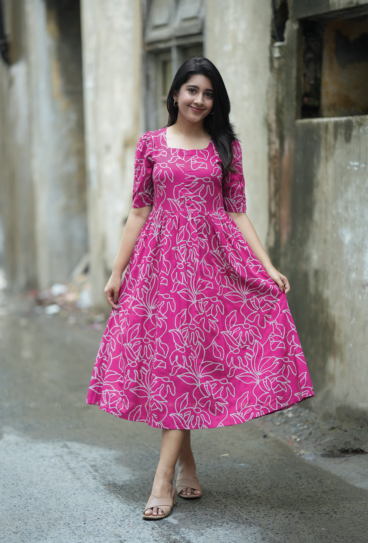 Dark Pink with Fuchsia Cluster floral printed Maternity and Feeding Dress