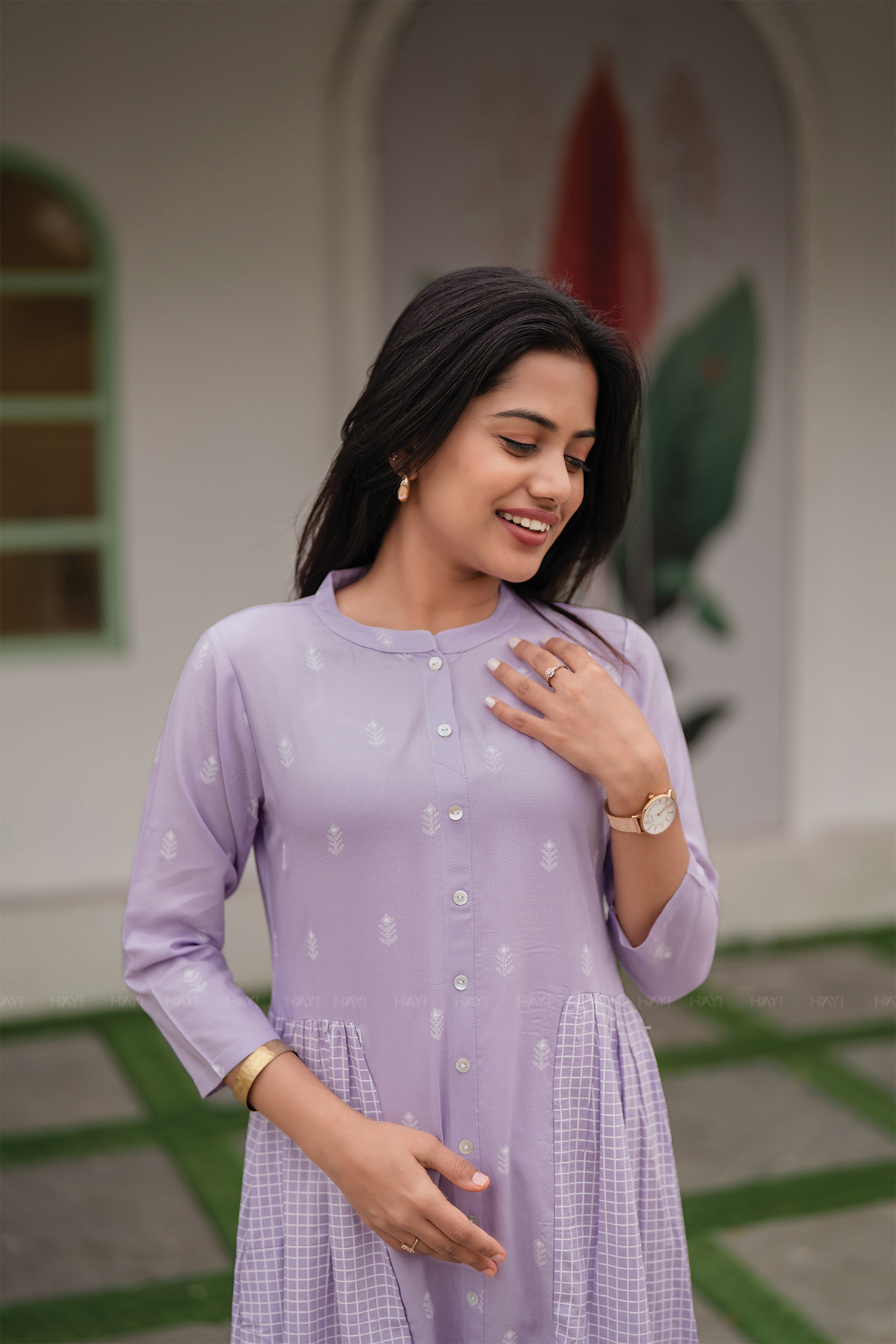 Lavender Fall Viscose A-Line kurta with Chinese Collar Neck & 3/4th Sleeves