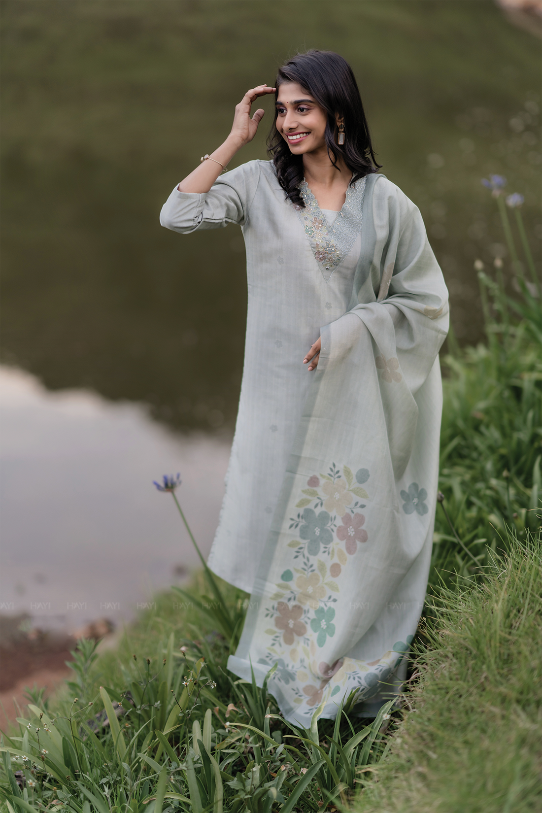 Willowshine Green Embroidery Organza Silk Kurta set with Dupatta