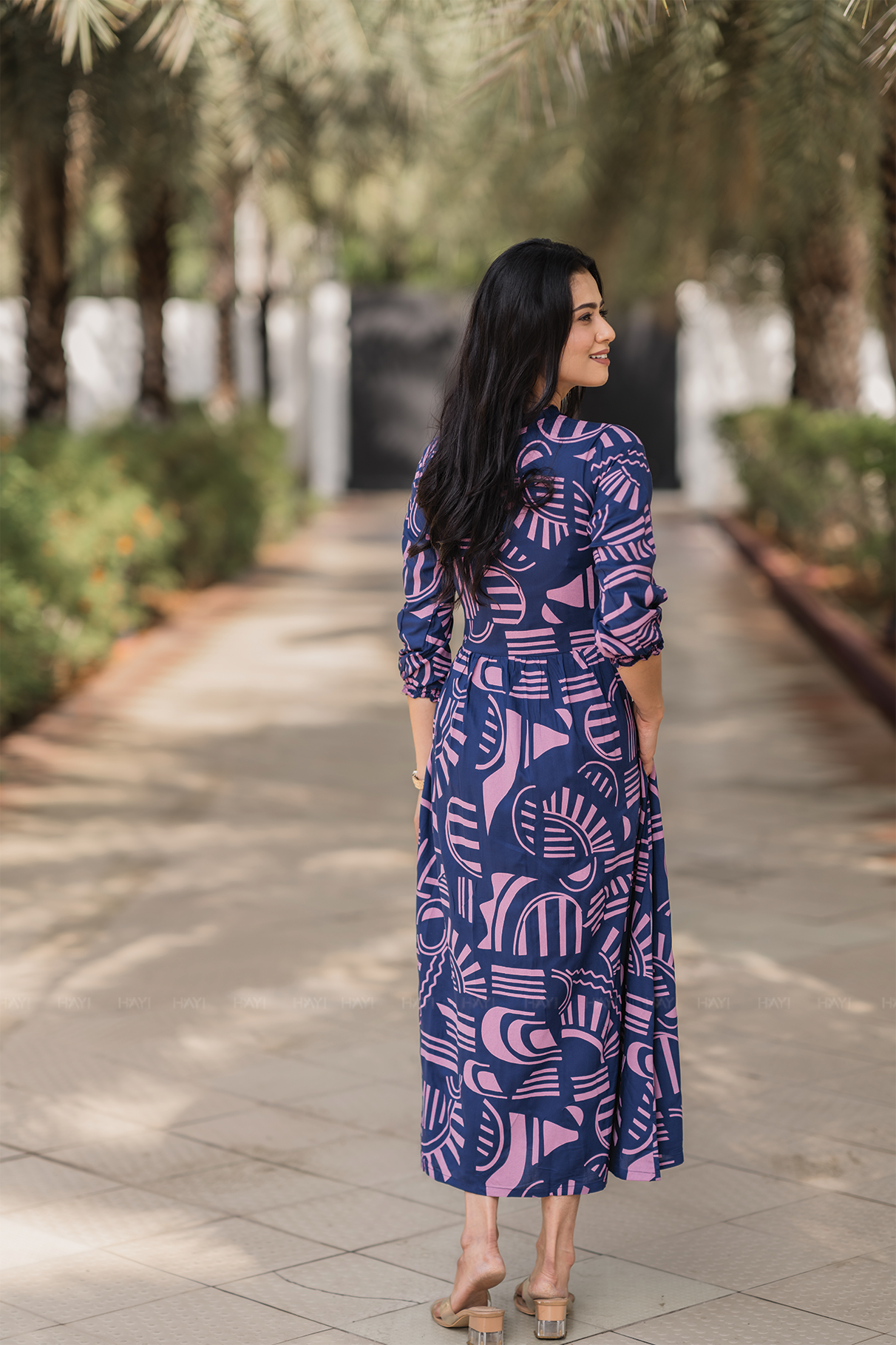 Geometric Whispers Blue Viscose Dress with Keyhole