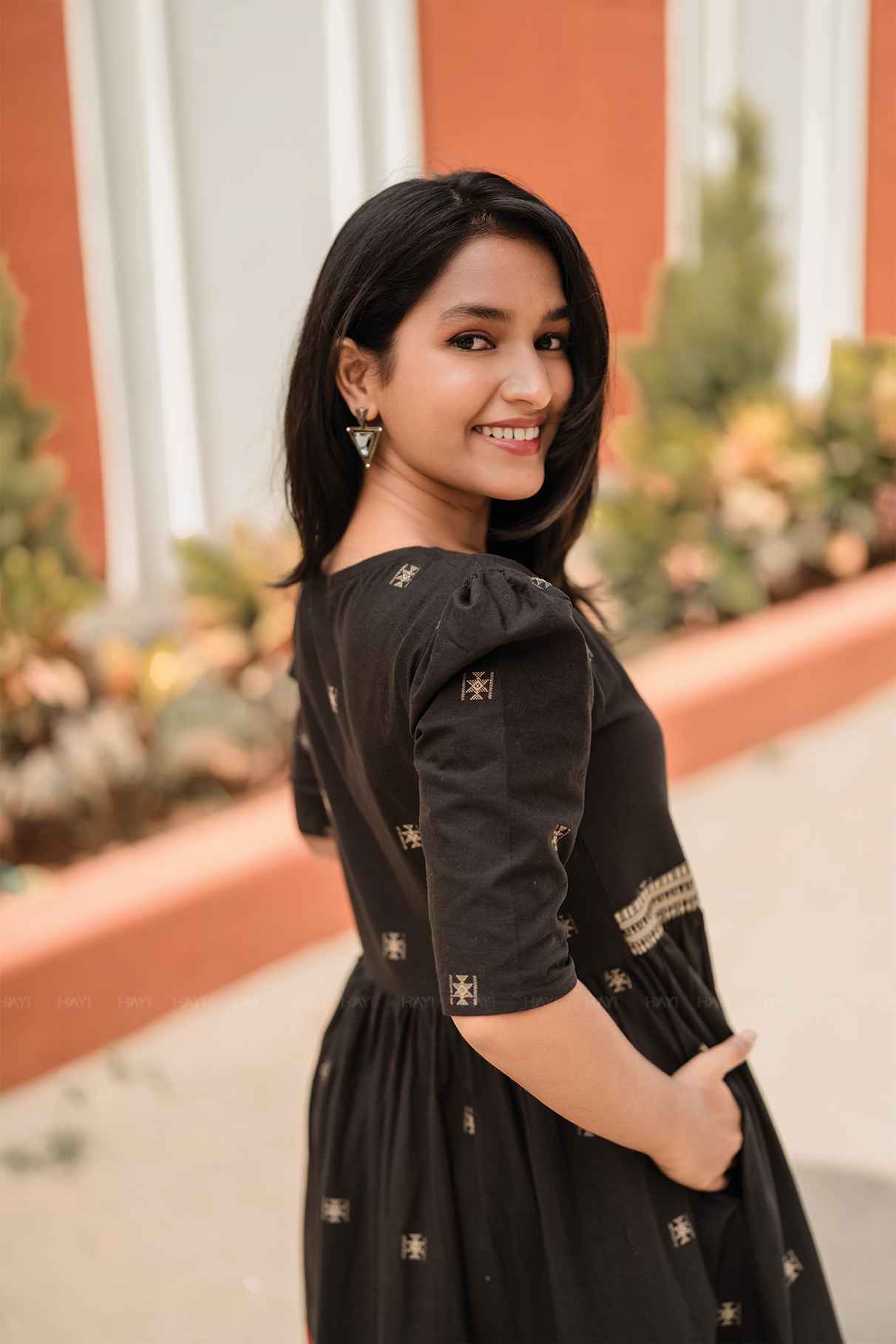 Starlight Black Handloom Dress with Sweetheart Neck & Leg-O-Mutton Sleeves