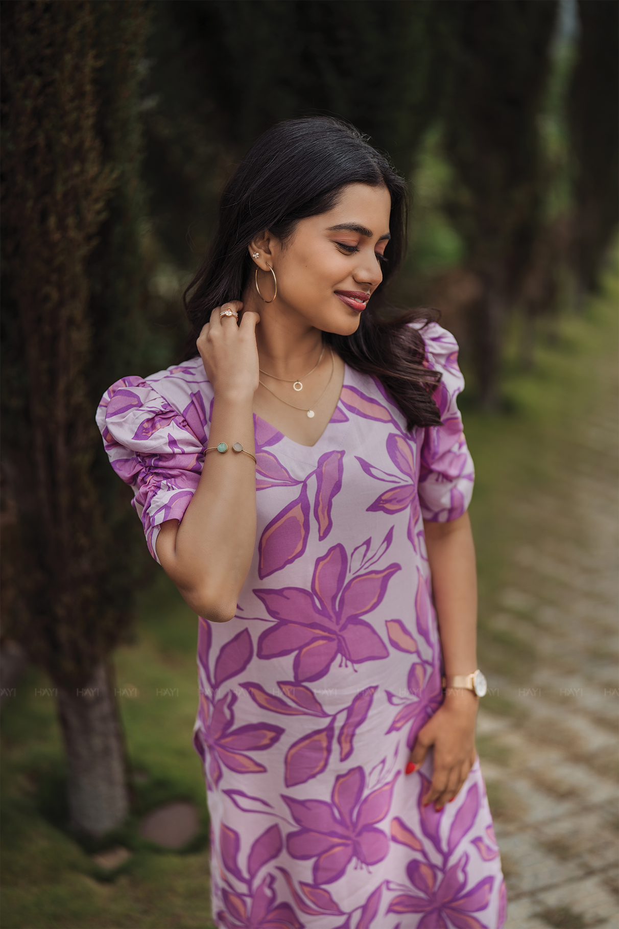 Meadow Grace Lavender Viscose Kurta with V-Neckline & Ruched Sleeves