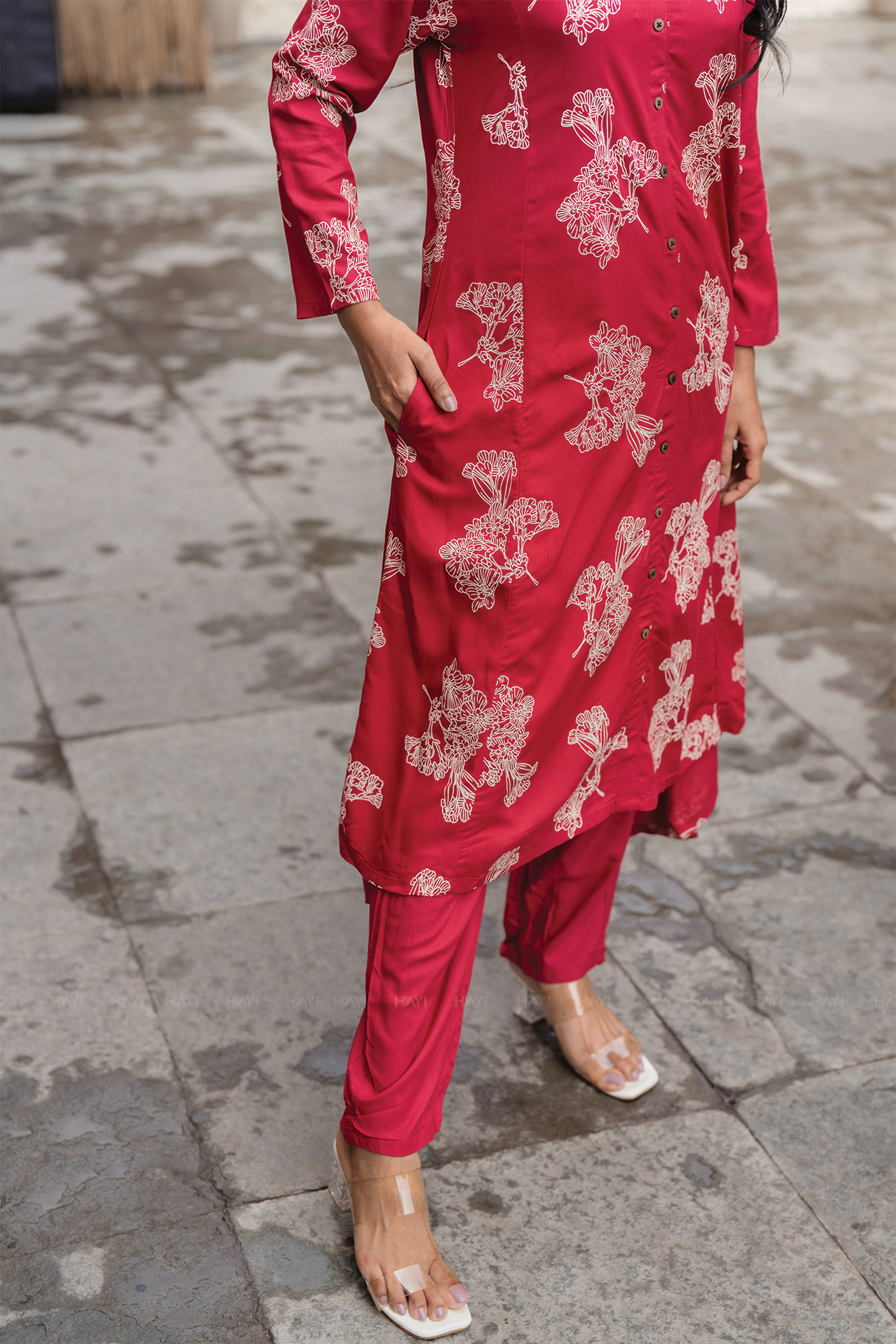 Flora Ensemble Red Viscose Co-ord with Shirt Collar & 3/4th Sleeves