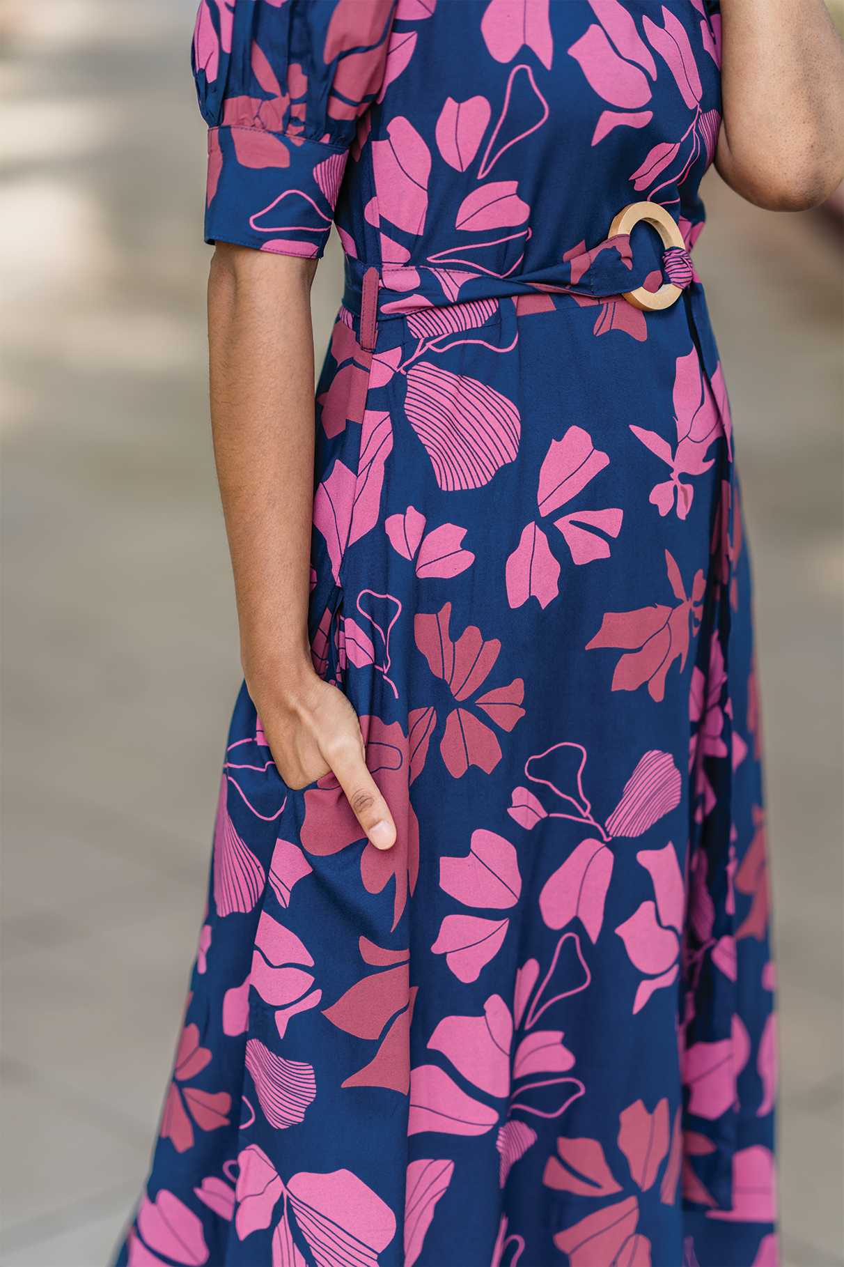 Berry Noir Blue Viscose Dress with Puff Sleeves & Belt