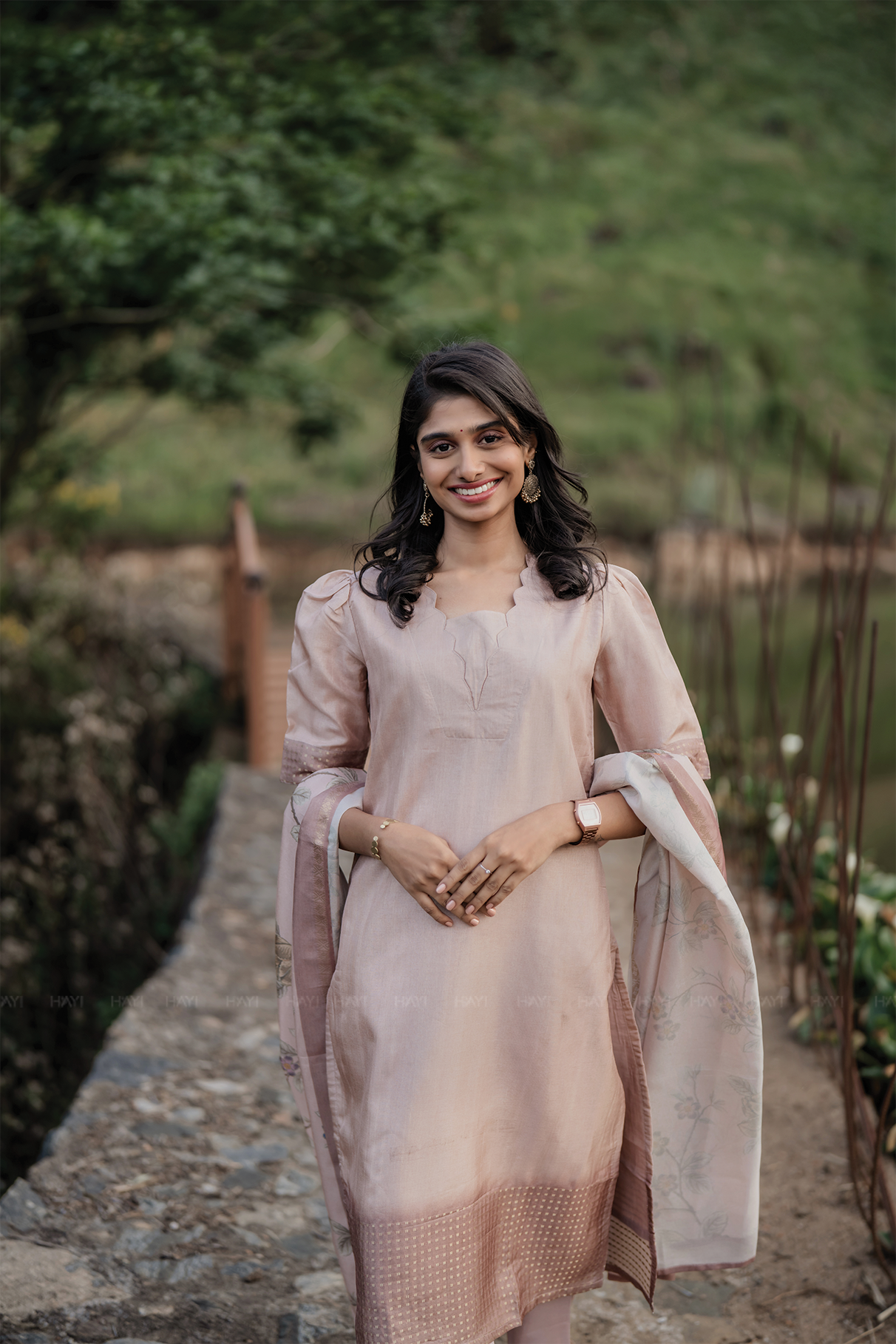 Soft Mauve Scallop Grace Tussar Silk 3 Piece Kurta Set with Dupatta