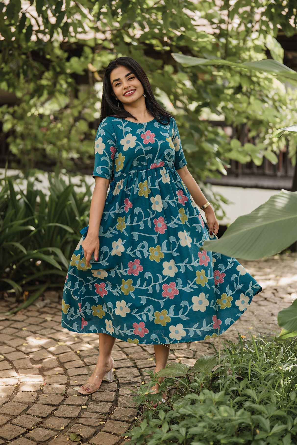 Tassel Chic Blue Cotton Dress with U-Neckline & Double Tassel Rope