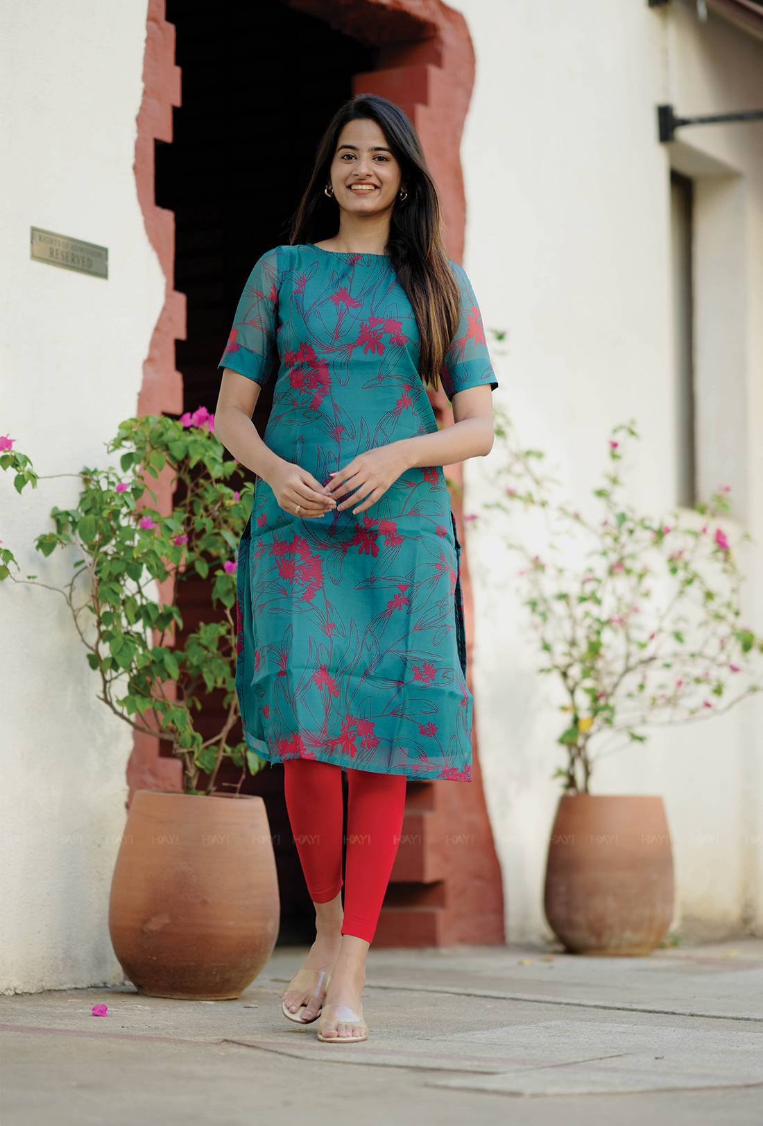 Zesty Teal with floral printed Organza kurta