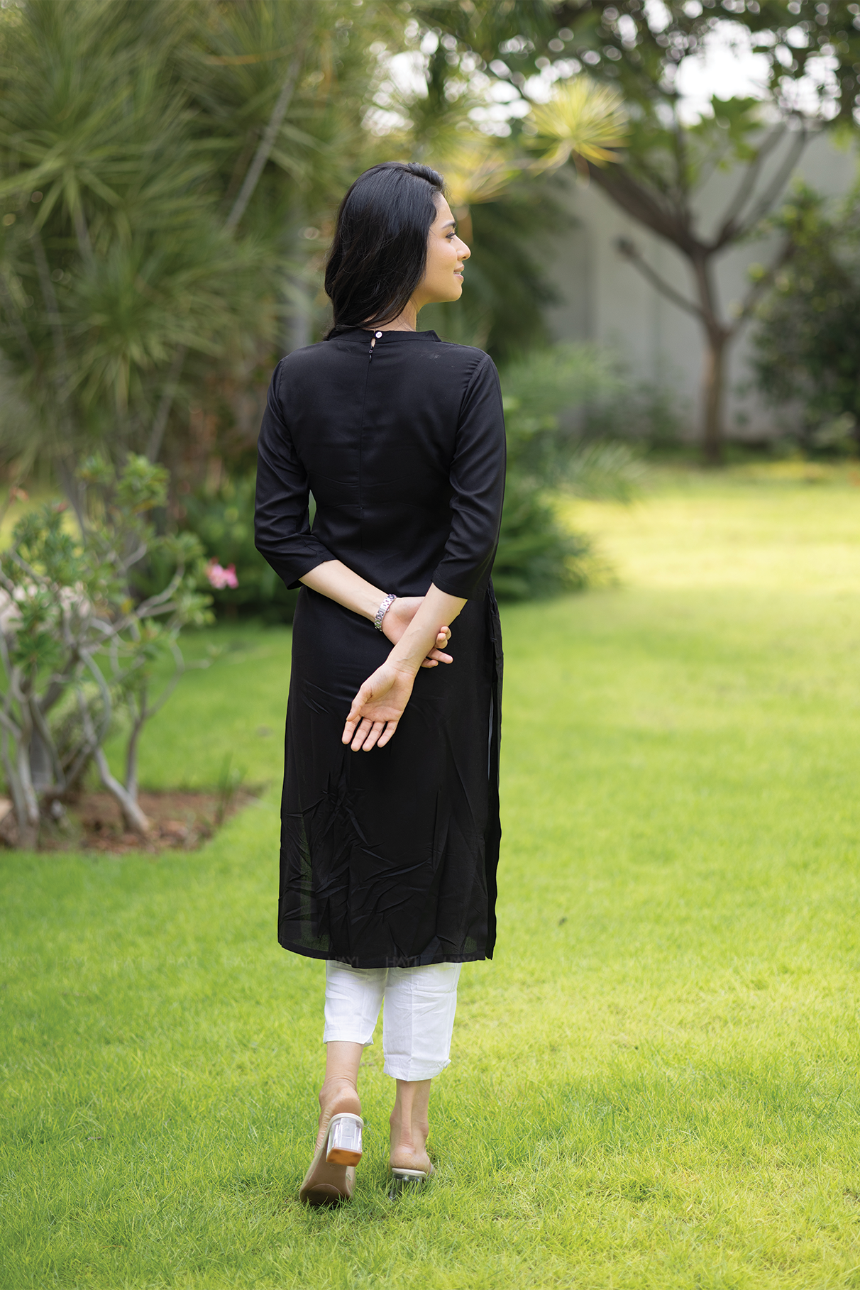 Dusk Noir Black Viscose Kurti with Closed Neck & 3/4th Sleeves