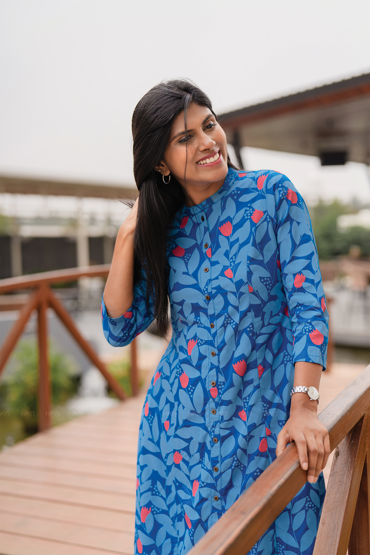 Bloomie Blue Viscose A-Line Kurta with Chinese Collar & 3/4 Sleeves