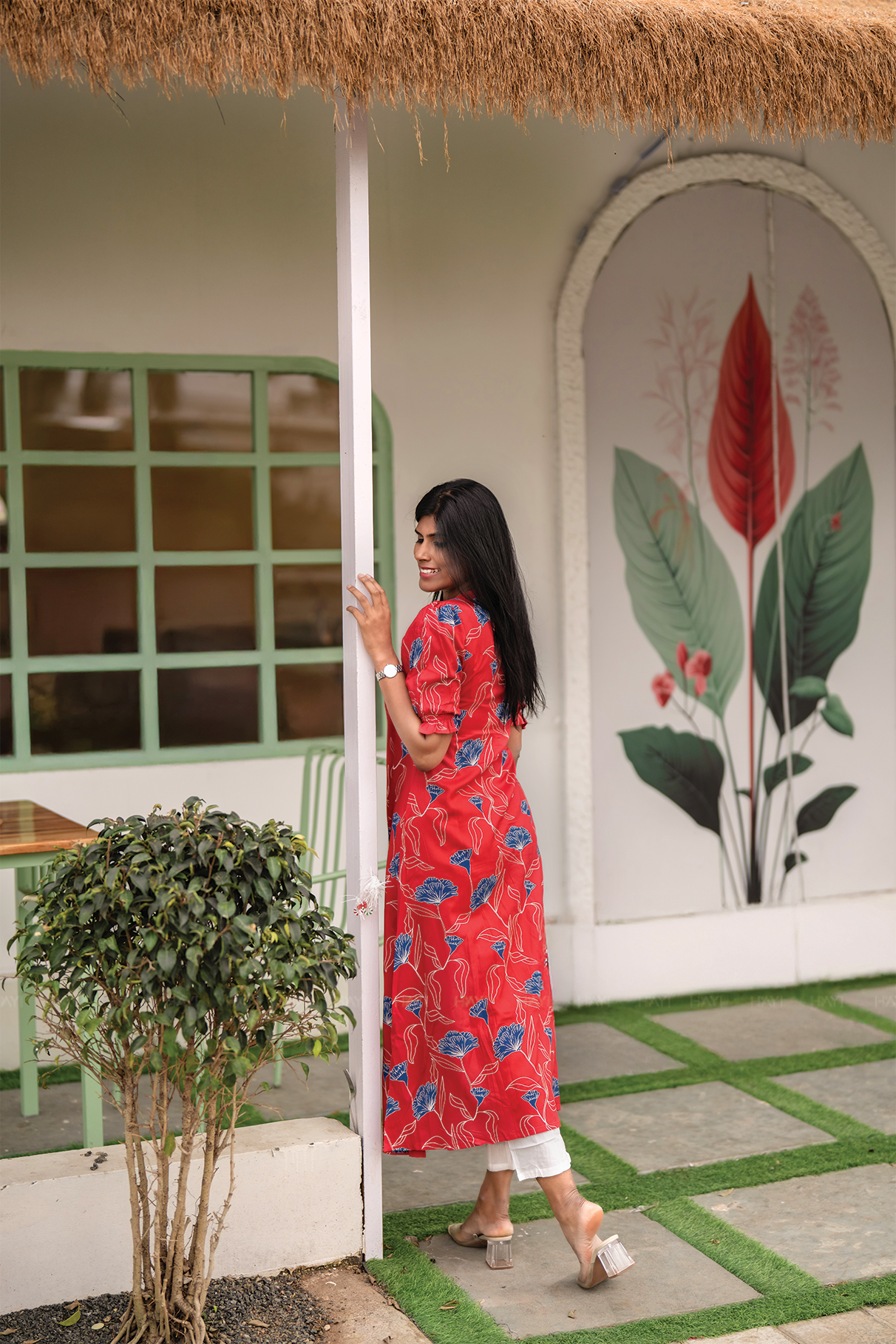 Cranberry Red Viscose A-Line kurta with V-Neck & Elasticated Frill Sleeves