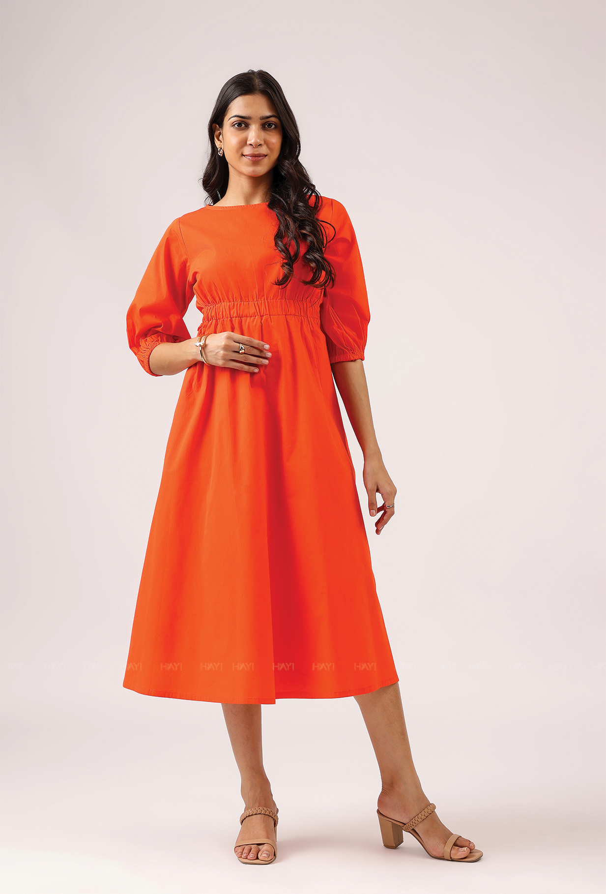 Crush Code Orange Boat Neck With Puff Sleeve Dress