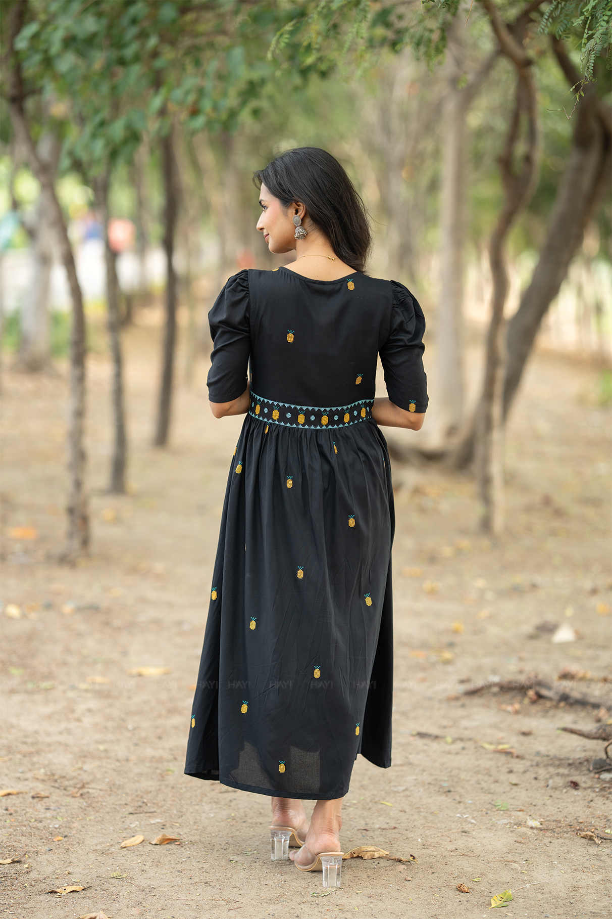 Starry Pineapple Black Viscose with Leg-O-Mutton Sleeves