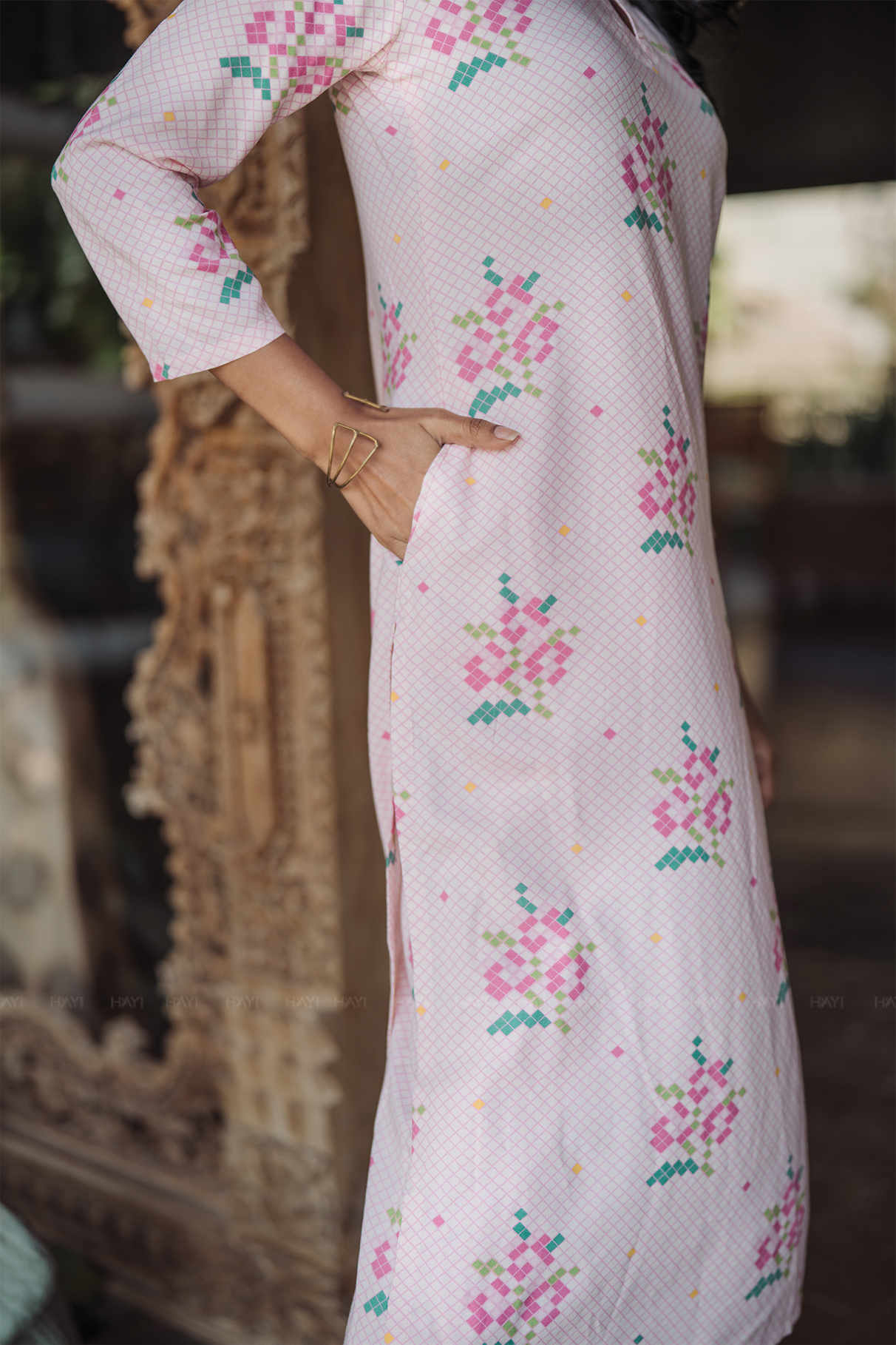 Petal Pixel Charm Pink Viscose Co-ord with Boat Neck & 3/4th Sleeves